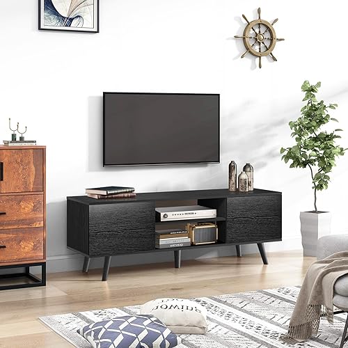 Miniatura 3 de Soporte de TV para TV de 55 y 60 pulgadas, soporte de televisión de madera negra, 2 gabinetes, centro de entretenimiento moderno con almacenamiento