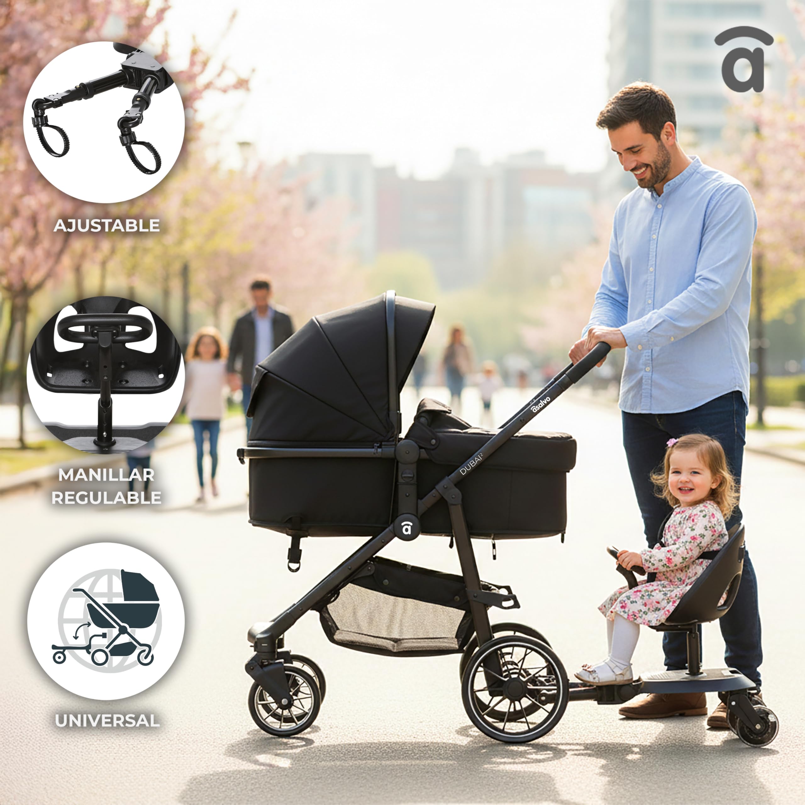 Asalvo GO SEAT 2 IN 1 Monopattino 2 in 1 per passeggino Go Seat, universale, pattinaggio per passeggino, adatto per il 99% di tutti i passeggini, tagliere per passeggini, bambini da 2 a 5 anni, 20 kg