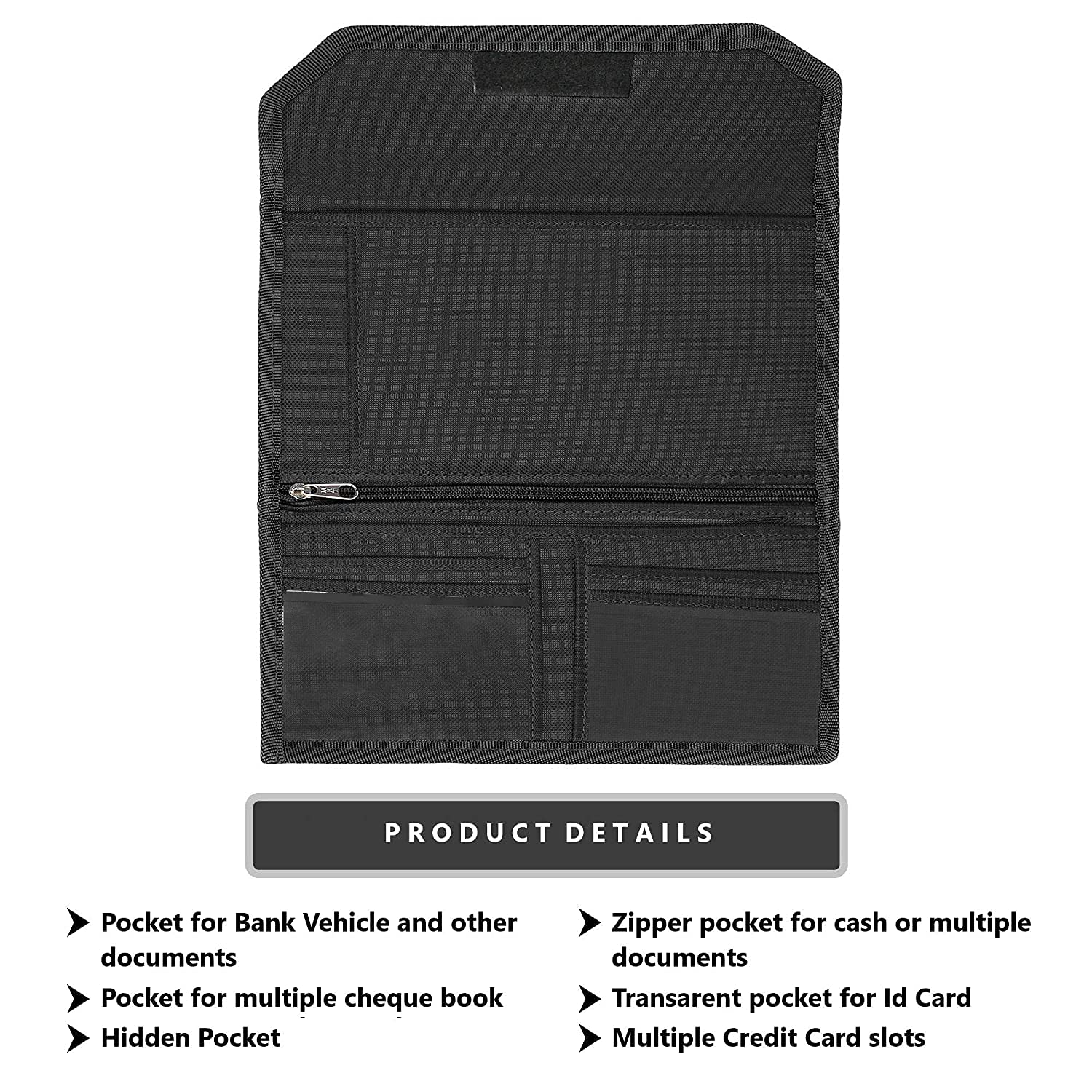XUUG Matt Black Multiple Cheque Book Holder | Original Nylon Holds Upto 8 Cheque Books, Locker Key, Photo Slots, Credit/Debit Card Slots with Zipper. 4