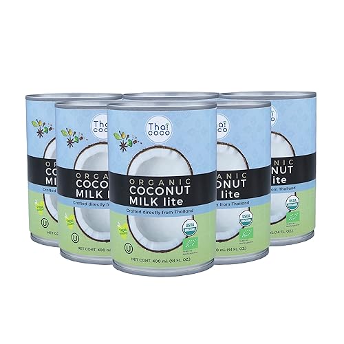 Thai Coco Leche de coco orgánica ligera enlatada - Leche de coco Lite sin azúcar - 100% orgánica - Certificado orgánico USDA - Para batidos y café -