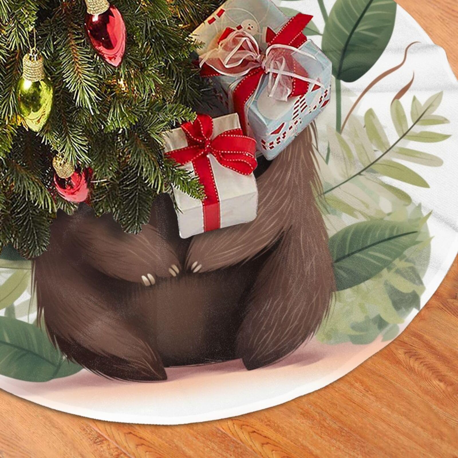 Fodpand Black Cute Cartoon Sloth Christmas Tree Skirt 48" Velvet Xmas Tree Skirt Mat Rustic Christmas Tree Mat Cover Winter Xmas Tree Collar For Indoor Outdoor Christmas Decorations