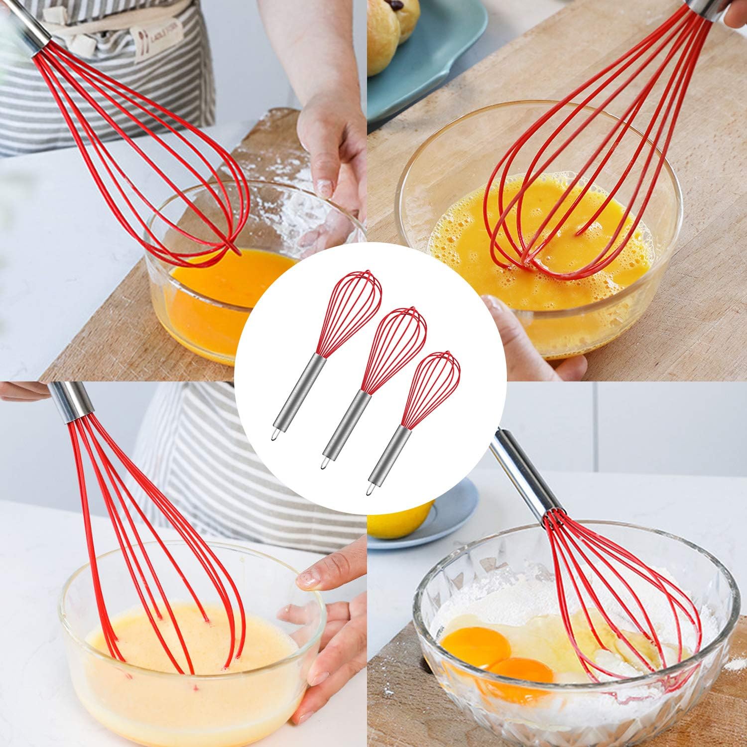 Ouddy Silicone Kitchen Whisk Set Egg Wire Wisks for Cooking, Blending, Beating Stirring and Baking with Spatula Spoonula & Brush, One Size, Red