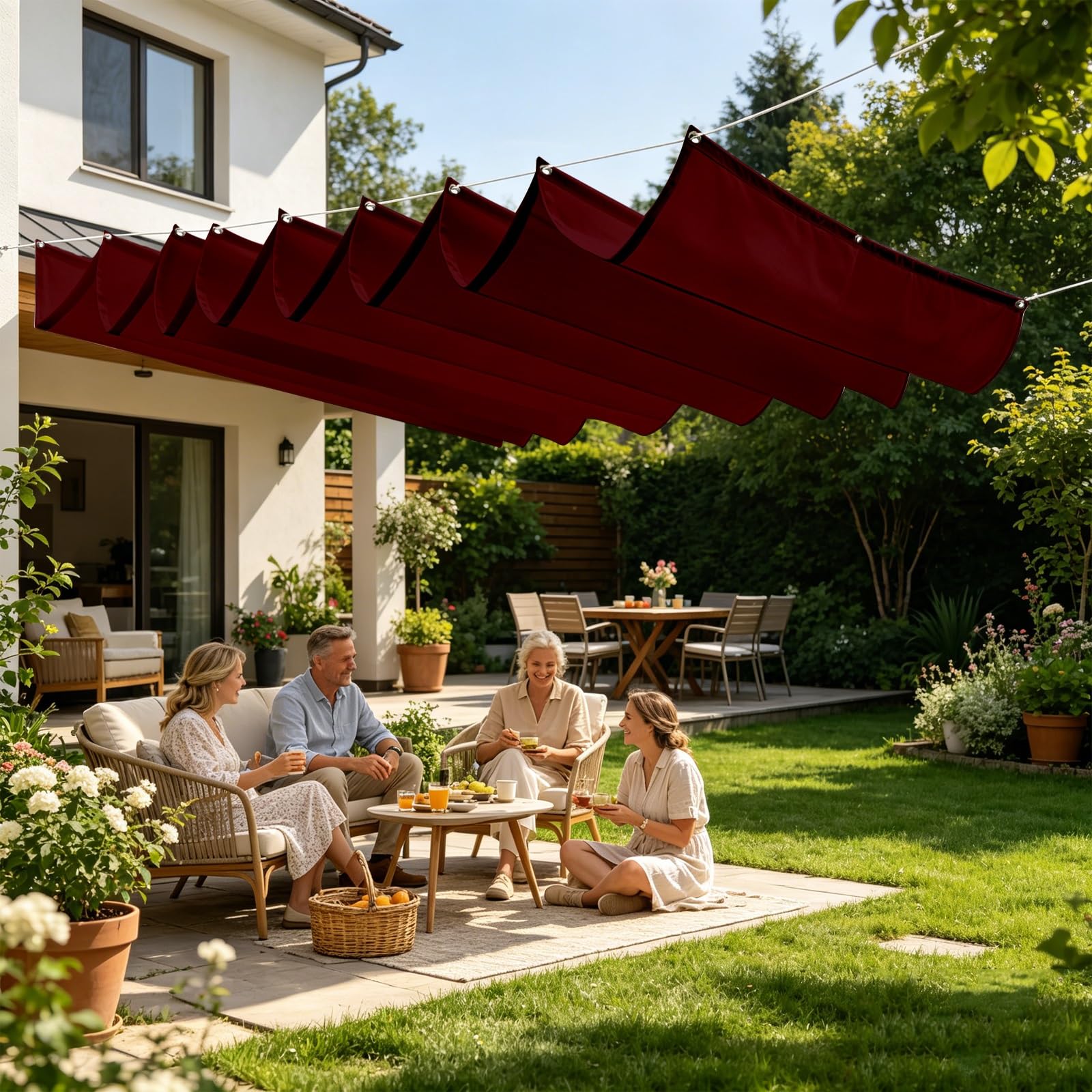 Toldo Retráctil de Onda 100 x 750 cm Impermeable Ondulada Toldos Exterior Protección Rayos UV Resistente Al Desgarro con Ojales y Cuerdas para Jardín Porche Patio Barbacoa, Vino Tinto