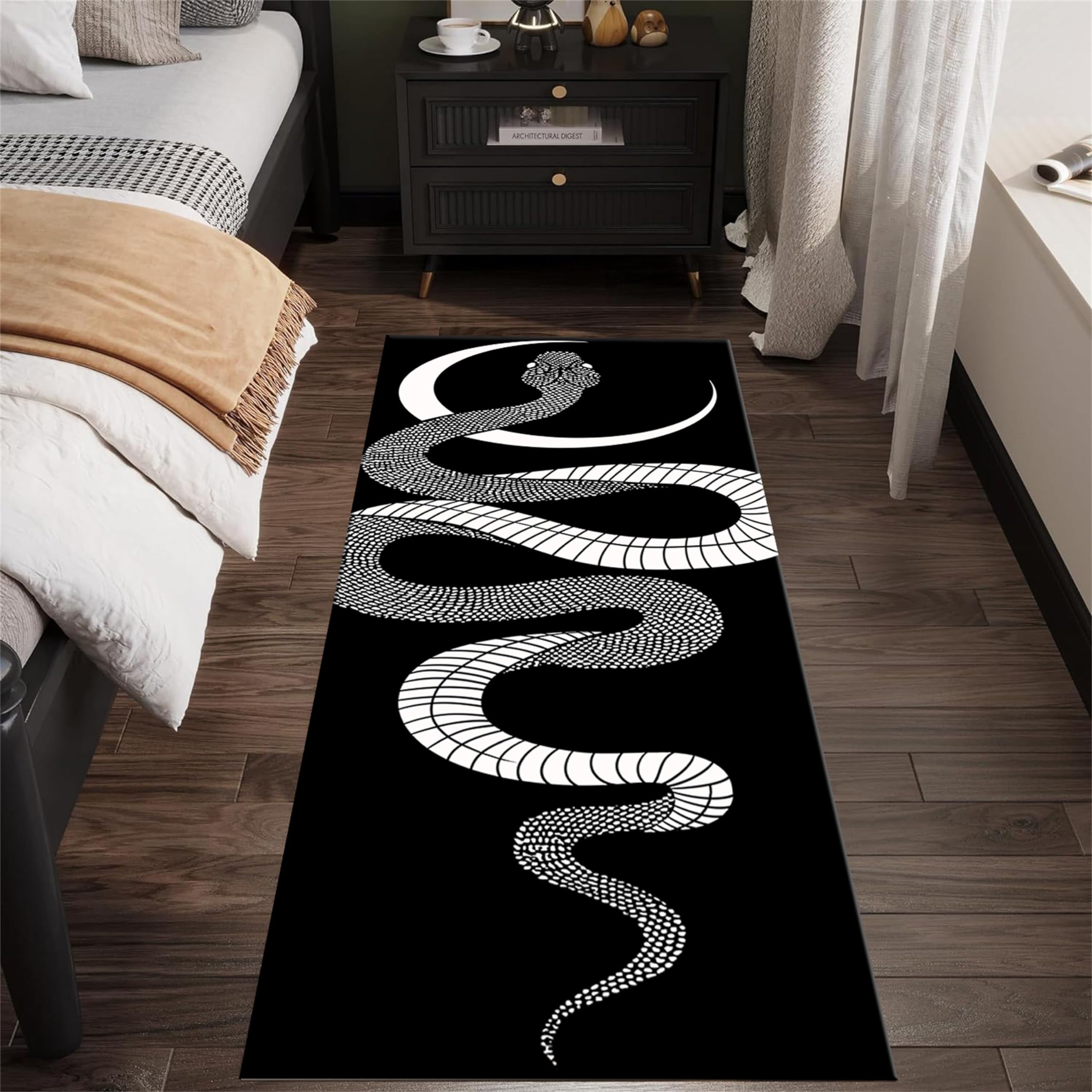 Srocvi Black White Snake Runner Rug Savage Wild Animal Serpent Moon Phase and Geometric Print Decor Carpets Black Non-Slip Large Area Long Rugs for