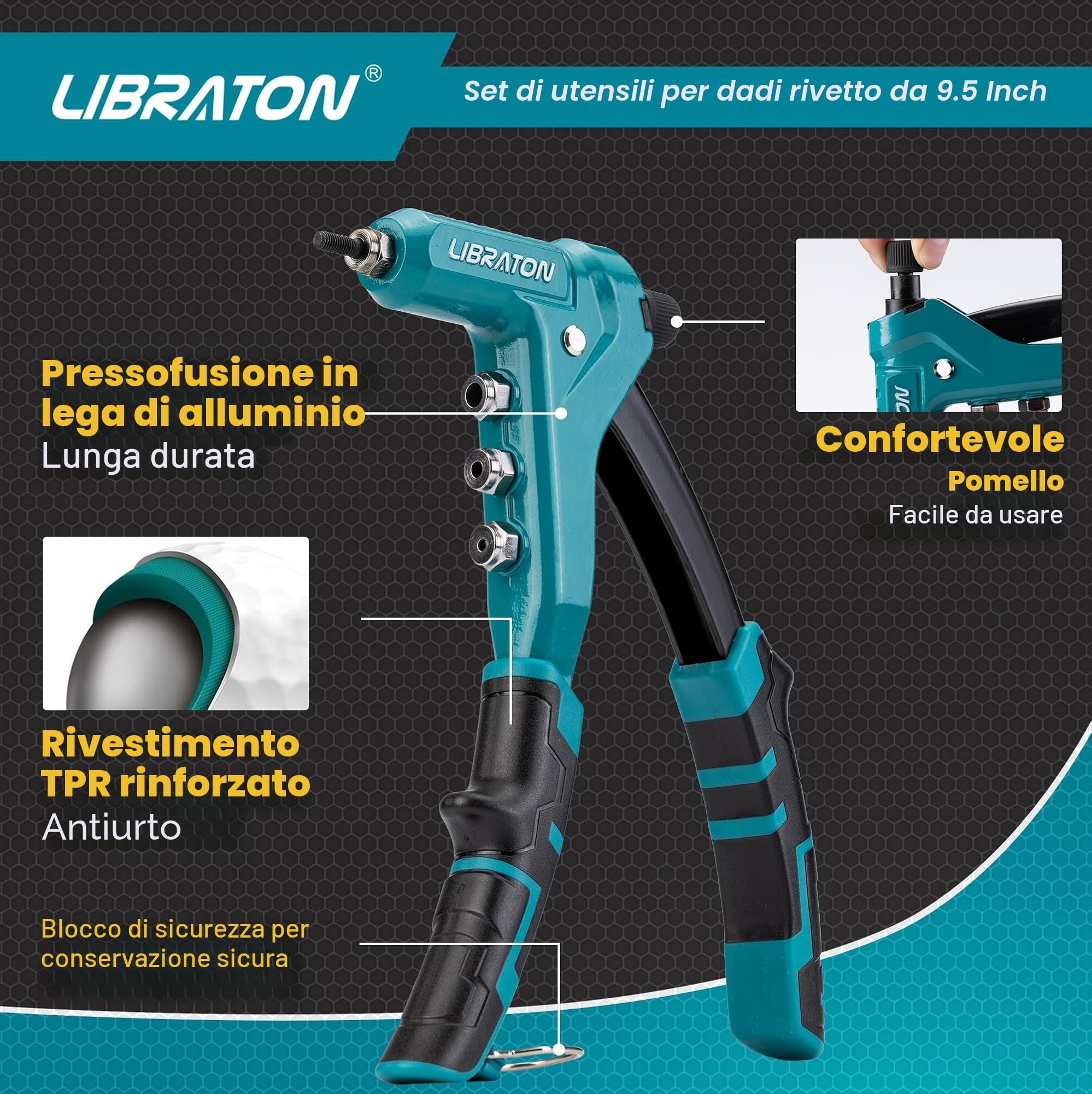 Libraton Dado Rivettatrice Professionale da 9,5", Pistola per Rivetti Inserti Filettati, Pinza Manuale a Rivetti Dadi, con 40pz Dadi M3, M4, M5, M6, Mandrini Intercambiabili 4pz, per Inserti Filettati