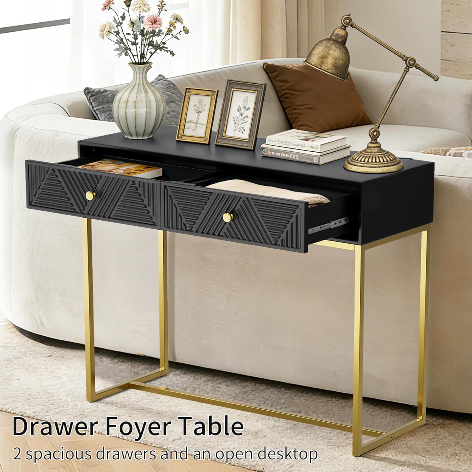 38" Narrow Console Table with 2 Fluted Drawers, Industrial Sofa Table Behind Couch with Gold Metal T-Legs, Entryway Table for Small Spaces Hallway Living Room (Black)