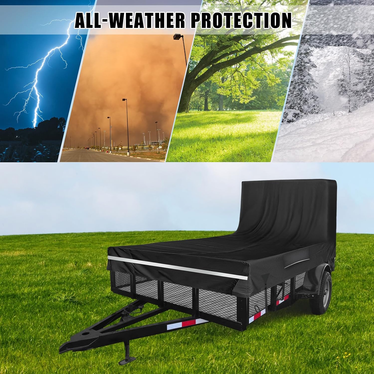 Utility Trailer Cover, 7x12 Trailer Cover with Rear Landscape/Ramp Gate 48” to 60” high, 600D Waterproof Windproof Heavy Duty Black Dump Trailer Cover, Fits 7 x 12 FT (W x L)