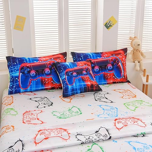 Miniatura 9 de Meeting Story Juego de ropa de cama con estampado de consola de videojuegos fluorescente, color rojo y azul, juego de ropa de cama para niños,