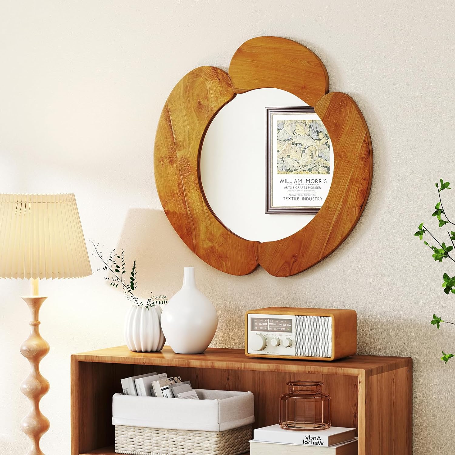 Tangkula Irregular Wooden Wall Mirror, 29 Inch Rustic Hanging Vanity Mirror with Teak Wood Frame, Wall Decoration for Entryway Living Room Bedroom Bathroom, Natural