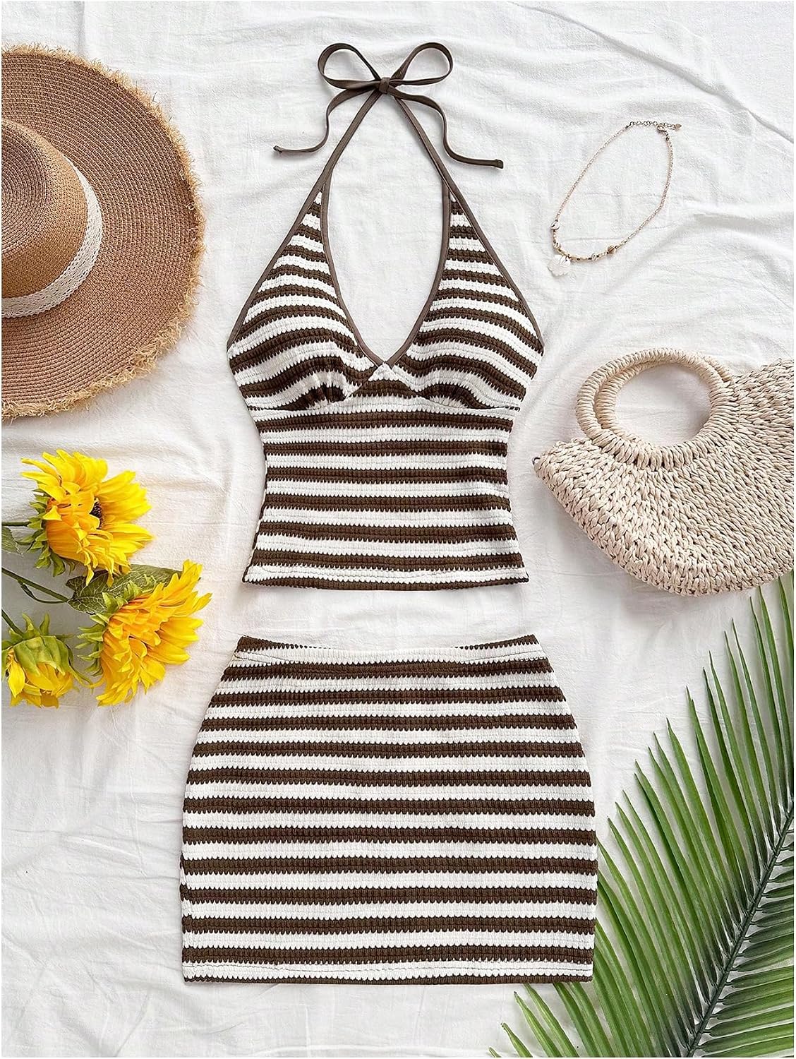 GORGLITTER Women's Vacation Outfits 2 Piece Striped Matching Sets Deep V Halter Tops and Mini Skirts