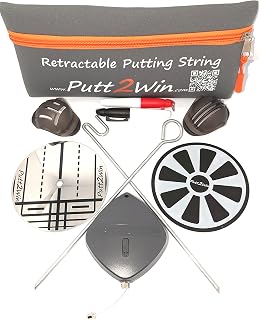 Putting String Golf Training Aid Putt2Win Pro 20ft Automatic Retractable White Guide Line - Alignment Set with Putting Mirror, Ghost Holes & Ball Stencil, a Great Golf Gift