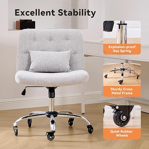 Miniatura 7 de iMenting Silla de escritorio con ruedas de asiento ancho sin brazos, moderna silla giratoria ajustable copetuda de tela giratoria ajustable para