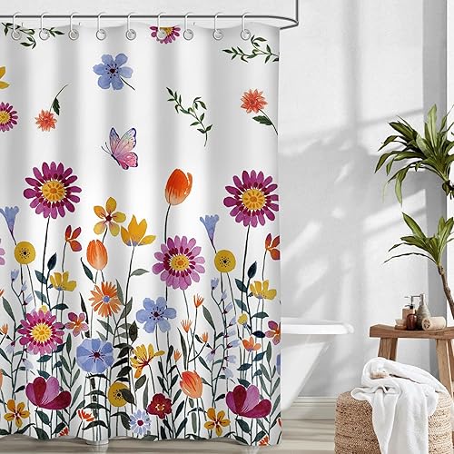 Miniatura 2 de Juego de cortinas de ducha de flores silvestres para baño, decoración de baño de primavera y verano, 72 x 72 pulgadas, cortina de ducha de tela