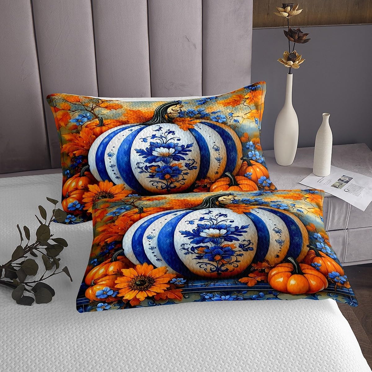 Erosebridal Autumn Harvest Bedspread Queen Fall Pumpkin Flower Quilt Set Happy Thanksgiving Day Coverlet Set for Kids Adults,Farm Maple Leaf Sunflower Bedding Quilted