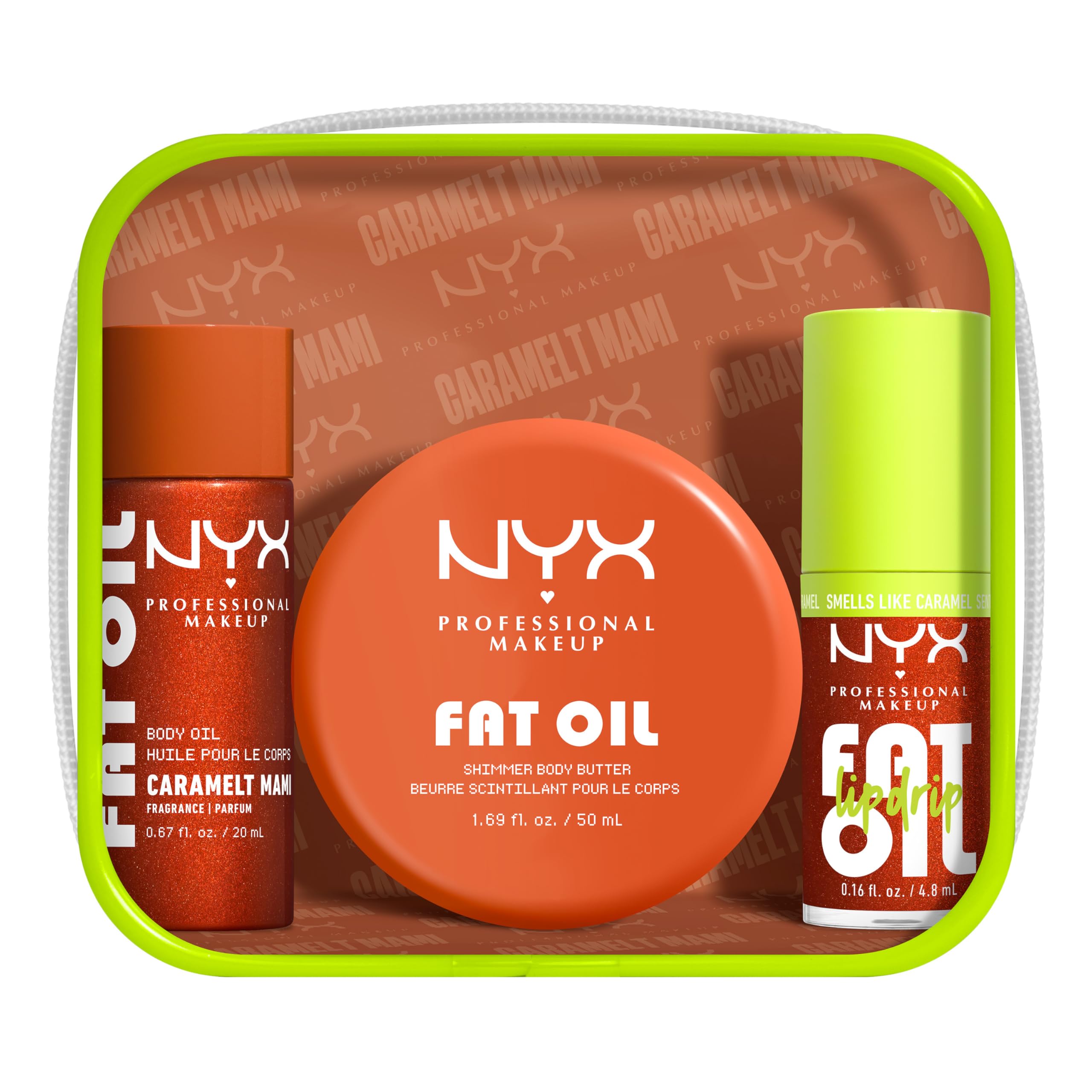 NYX Professional Makeup Fat Oil Lip & Body Kit, Travel-Friendly, Reusable-Pouch, Caramelt Mami | Set di cura vegano, olio corpo 20 ml + burro corpo 50 ml + Lip Drip, edizione limitata, olio grasso