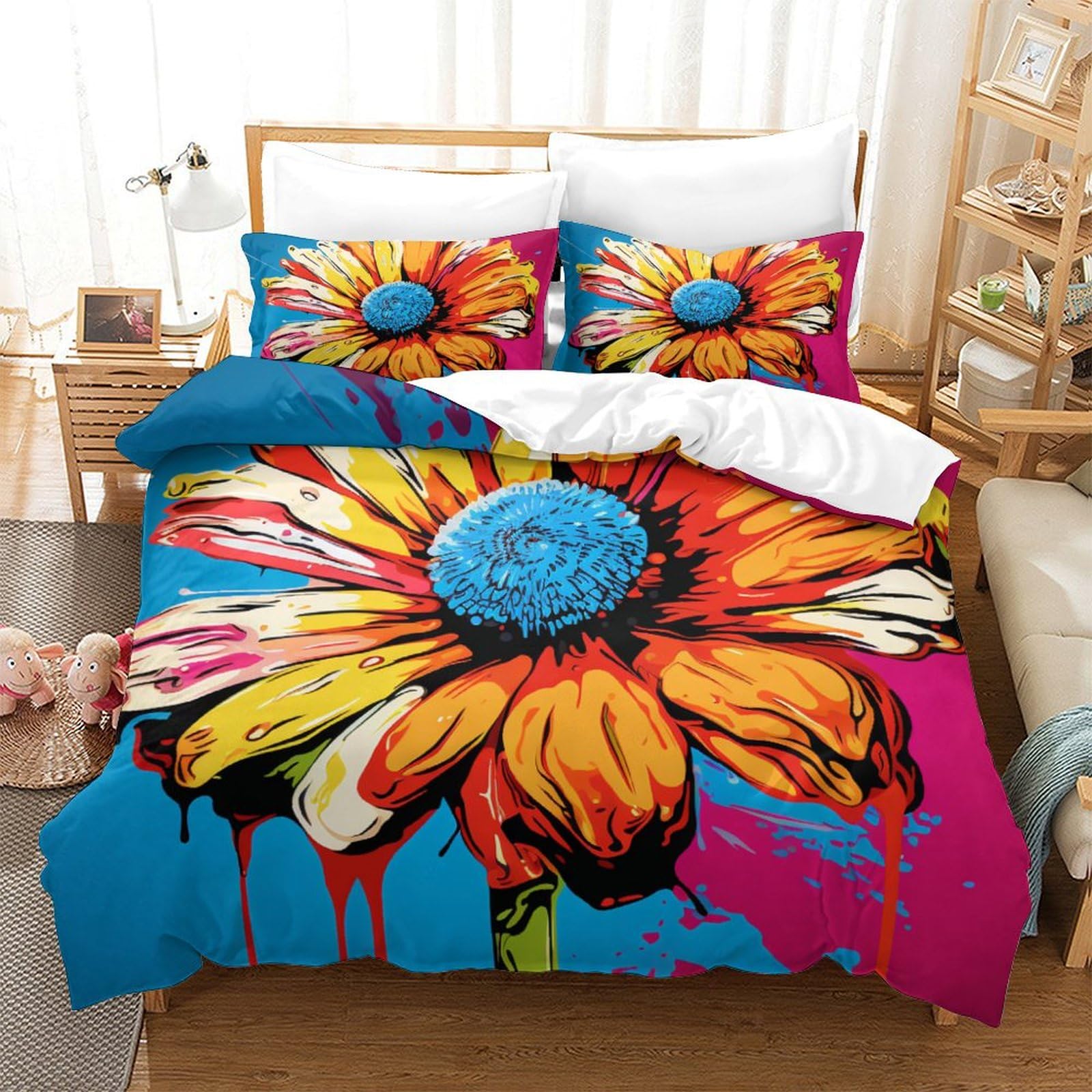Parure de lit 3 pièces grand lit motif floral 3D microfibre avec taies d'oreiller