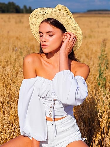 Miniatura 5 de Didaey 2 sombreros de vaquero de paja tejida para mujer, sombrero de vaquera de ala ancha, sombrero de vaquero occidental, para hombres y mujeres,