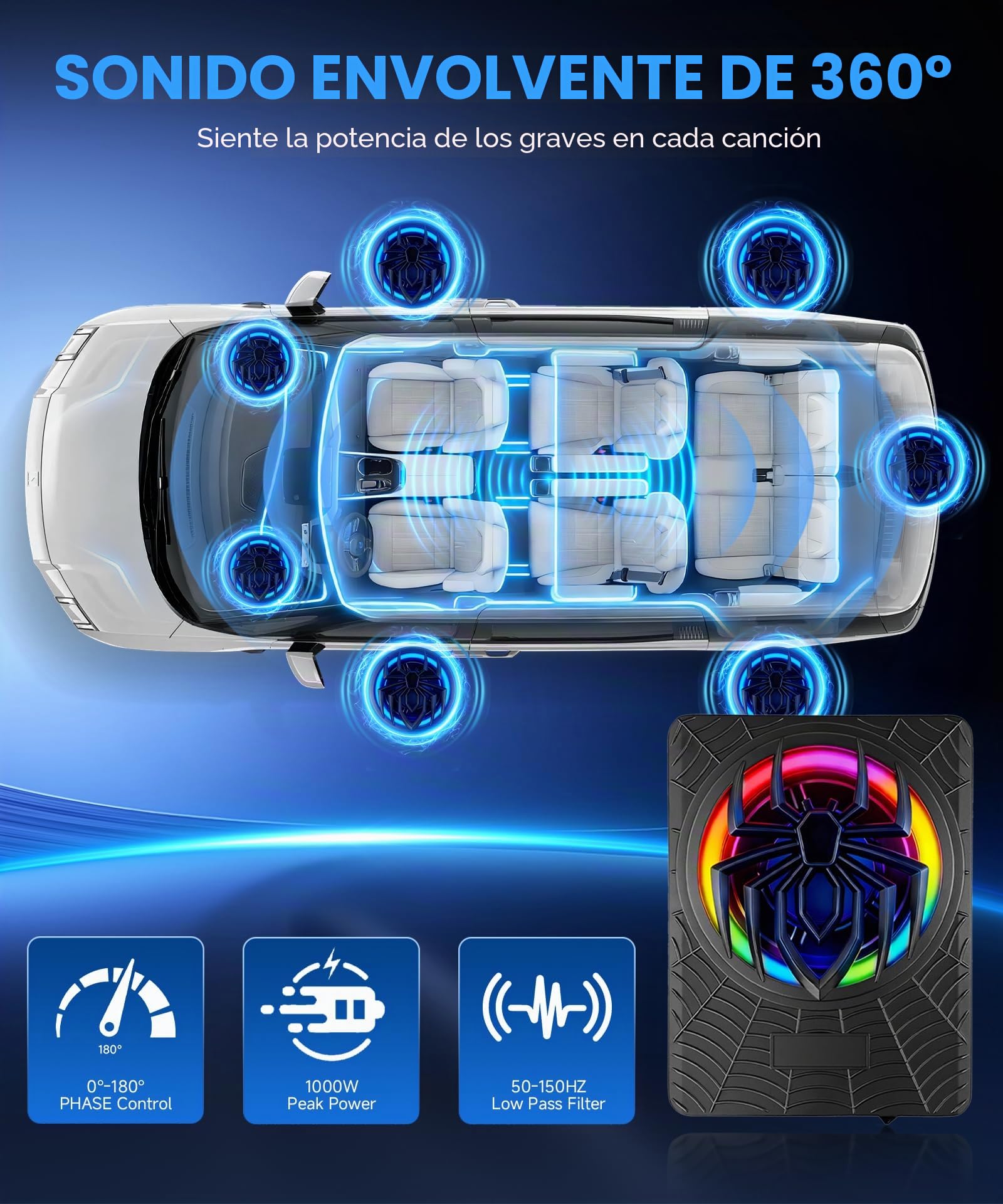 Hodozzy 1200W Subwoofer Activo para Coche 10 Pulgadas,Conjunto de Subwoofer y Amplificador Ultraplano de Alta Potencia para Debajo del Asiento con Luz RGB Sincronizada con el Ritmo,Patrón de araña