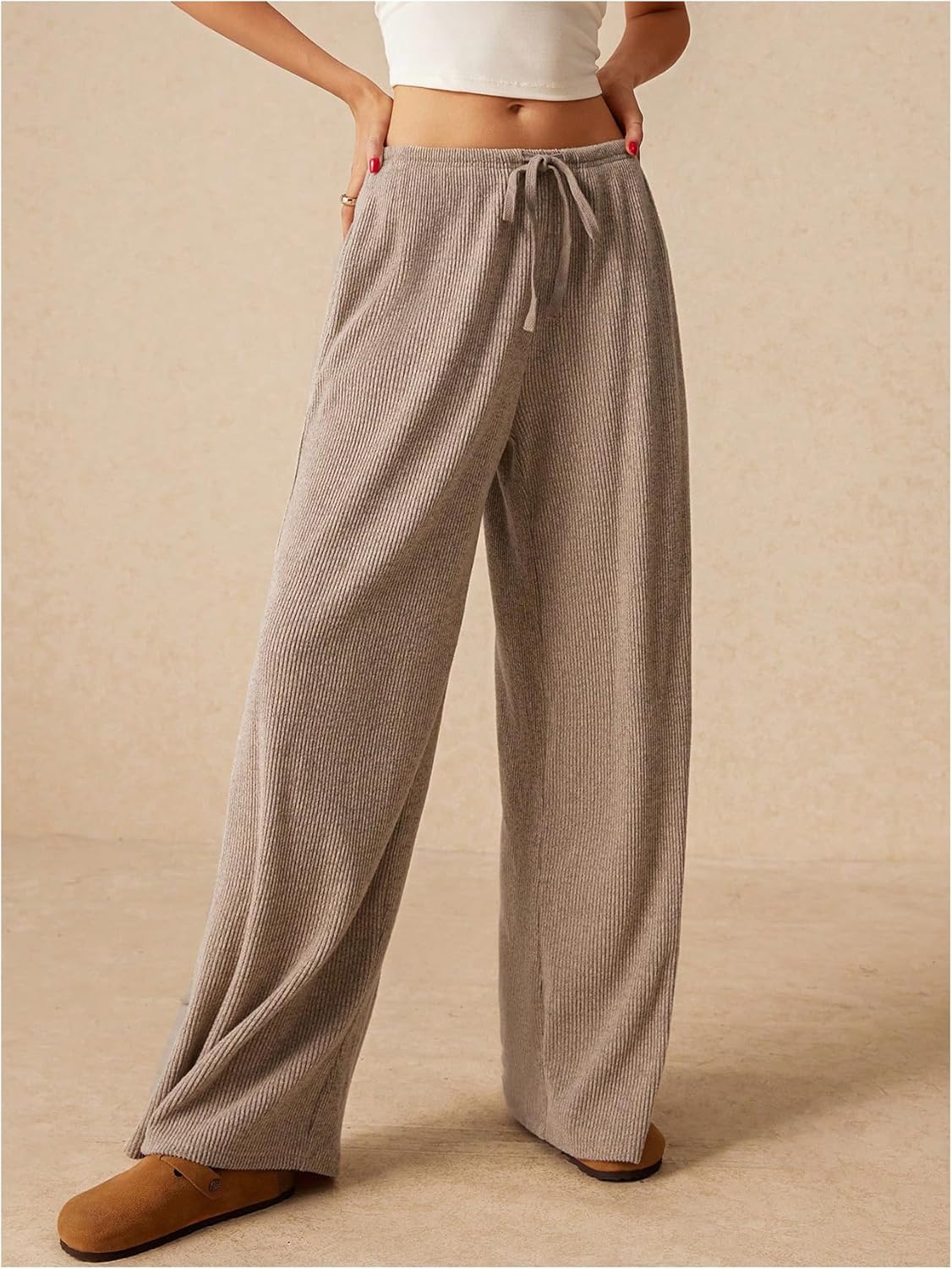Women's Low Rise Wide Leg Pants Ribbed Knit Drawstring Waist Casual Lounge Trousers with Pockets - Image 4