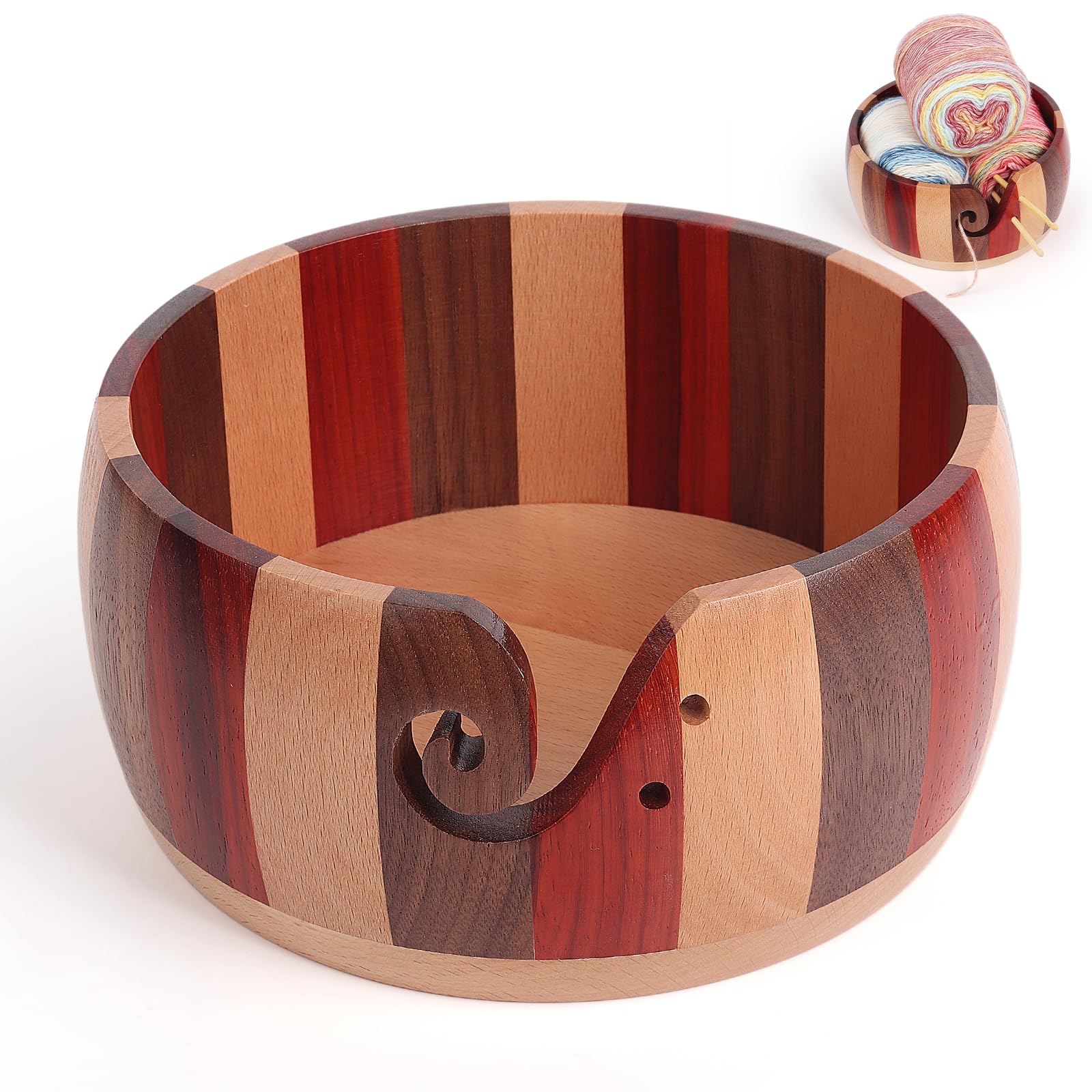 Coopay Super Groß Garnschale zum Häkeln, 21 X 21 X 10 cm Farbenfroh Strickschale zum Strick- und Häkelprojekte, Handgefertigte Groß Wollschüssel mit Löchern für Wolle, Wooden Yarn Bowl