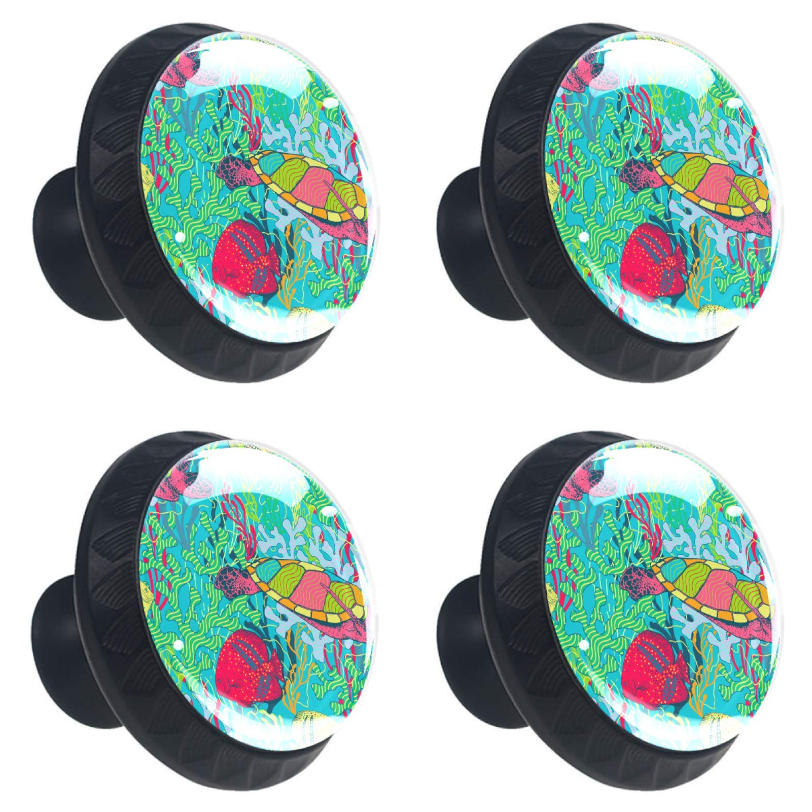 Boutons de meuble ronds en verre thème tortue et poisson x4