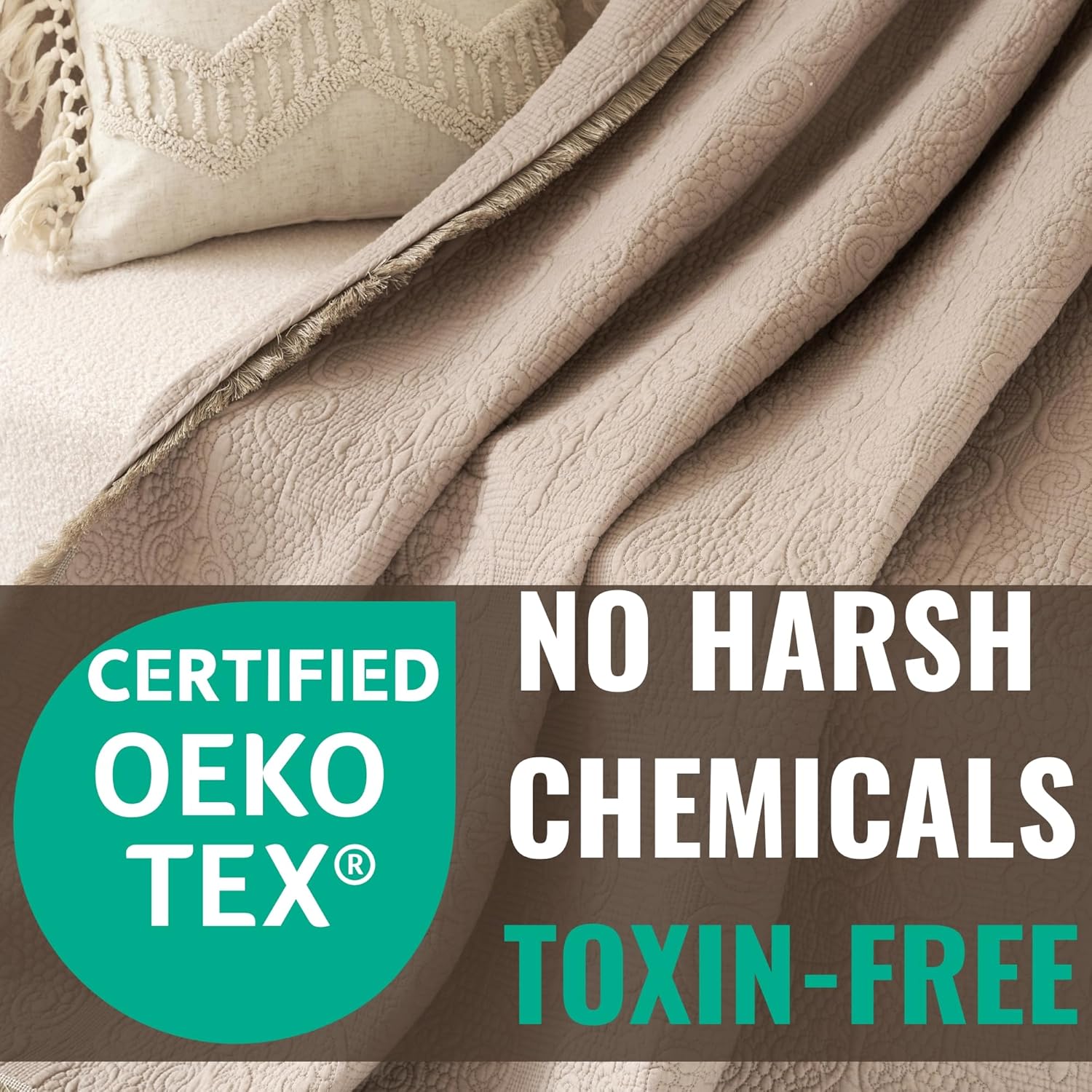 DaDa Bedding Elegant Fringed Cotton Quilted Throw Blanket - Luxurious Solid Soft Paisley Pattern, Cozy Lightweight Lap Throw, Perfect for Couch or Bed, Neutral Sandy Taupe Tan Beige, 50x60 Inches - Image 5