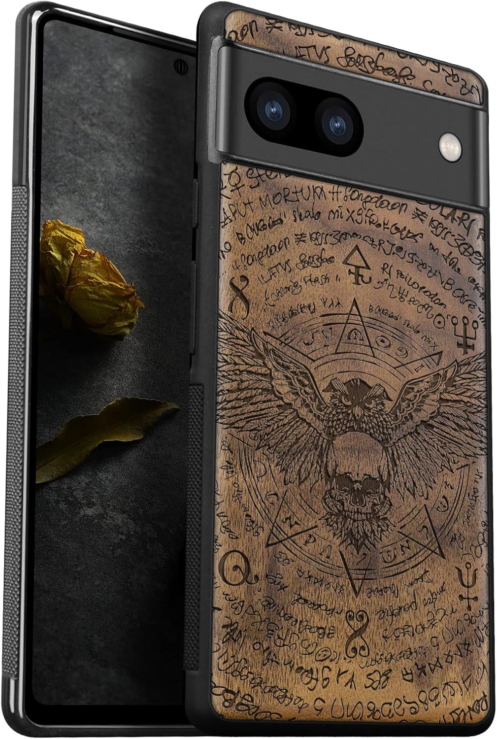 Carveit Wood Case for Pixel 7a Case [Natural Wood & Black Soft TPU] Shockproof Protective Unique & Classy Wooden Phone Cover Compatible with Google Pixel 7a (owl and Skull-Walnut)