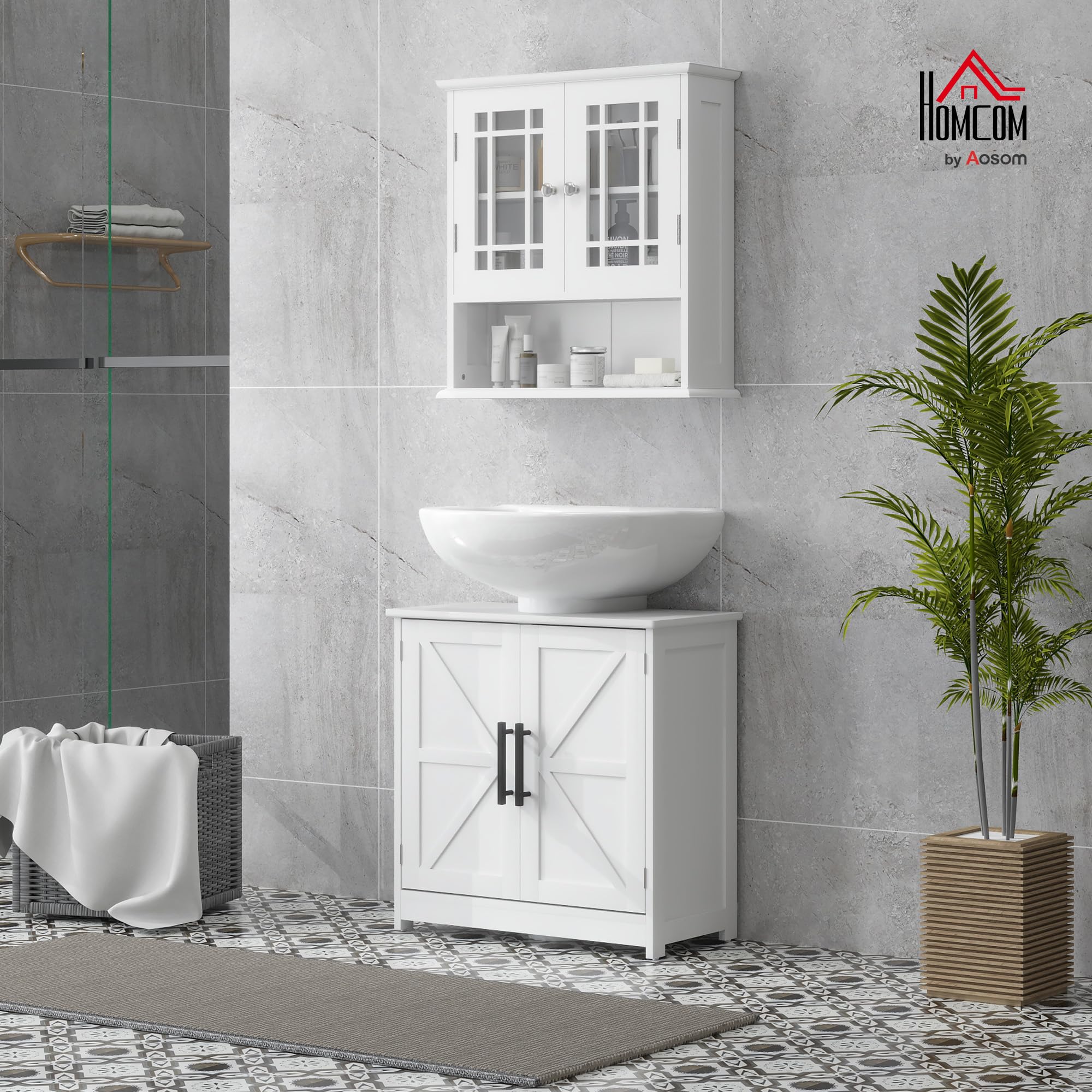 HOMCOM Meuble sous lavabo 2 Portes Grange Magnétiques 60 x 30 x 60 cm Blanc