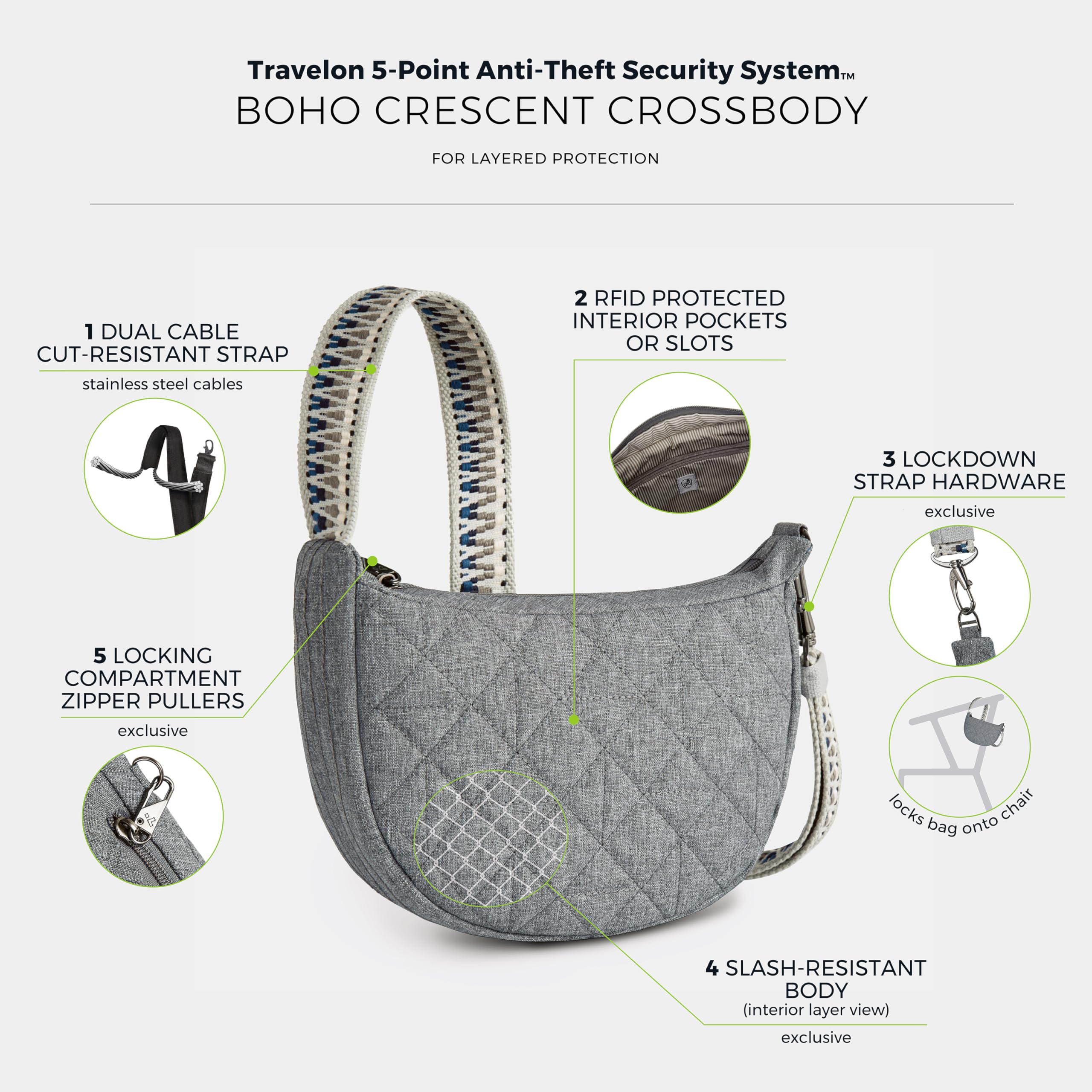 Travelon Unisex Boho antykradzieżowy półksiężyc crossbody, szary wrzos, Szary wrzos