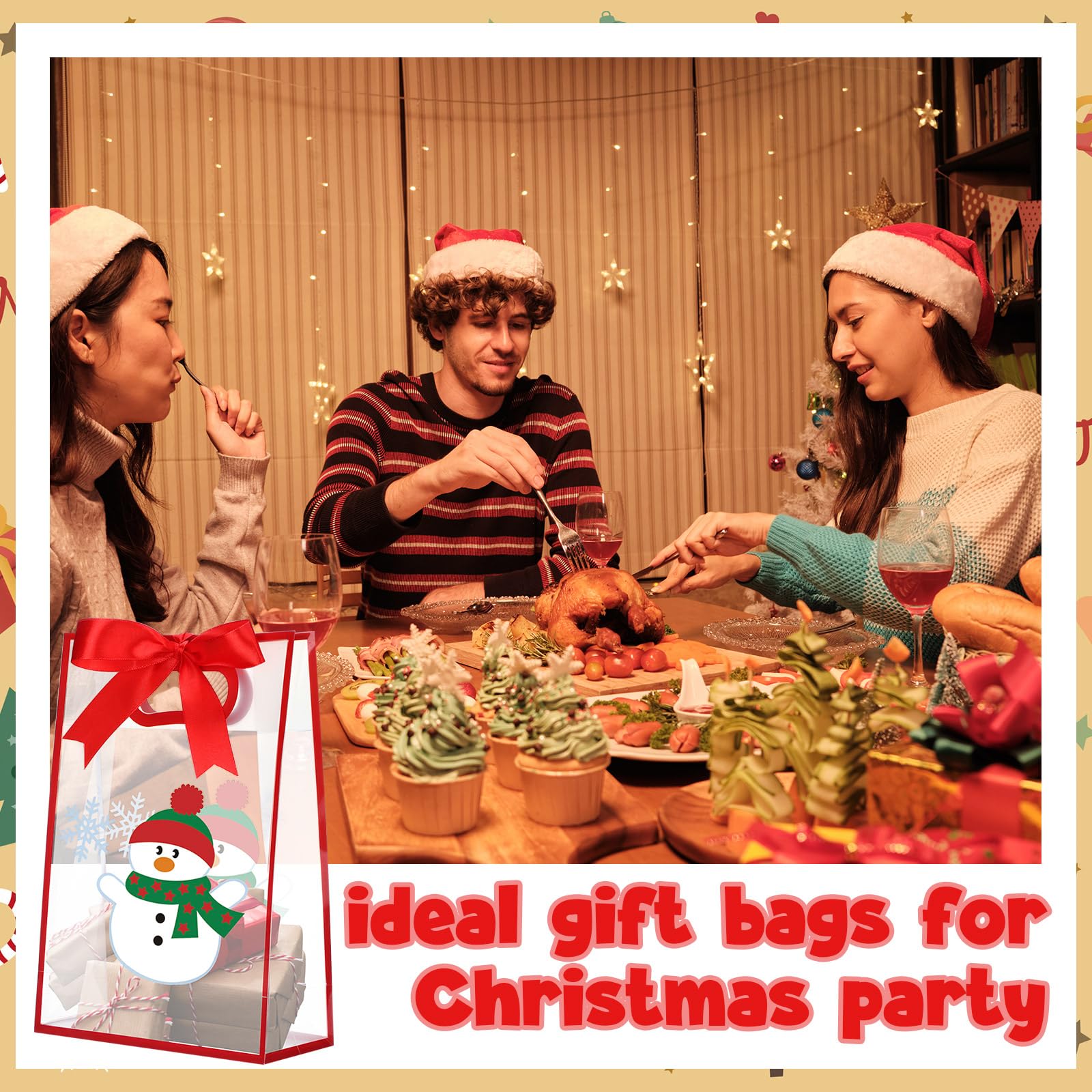 Gersoniel Lot de 24 sacs cadeaux de Noël transparents avec poignées, sacs à friandises de Noël en plastique avec nœud et rubans en PVC transparent, Père Noël, élan, bonhomme de neige pour anniversaire