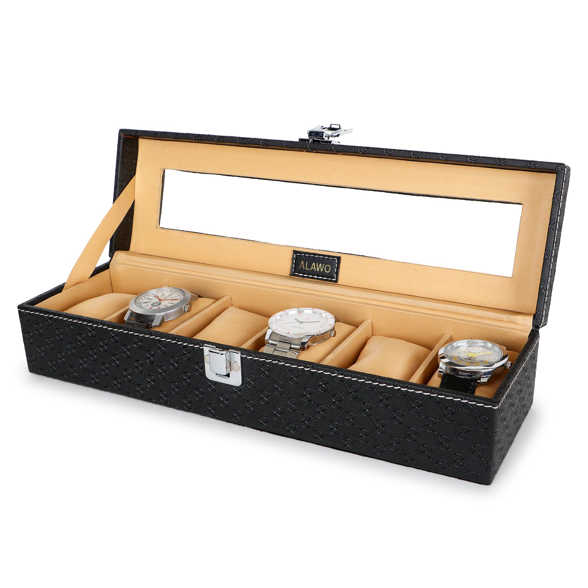 ALAWO Watch Box Organizer Holder Case with 6 slots of Watches in Transparent Display with Black & Cream Color (B0CTJ1ZLSR) Amazon Price History, Amazon Price Tracker