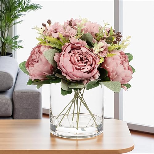 Miniatura 8 de ENOVA FLORAL Arreglo floral artificial con jarrón, mezcla de peonías artificiales de seda falsa en jarrón para decoración en casa, oficina, centro