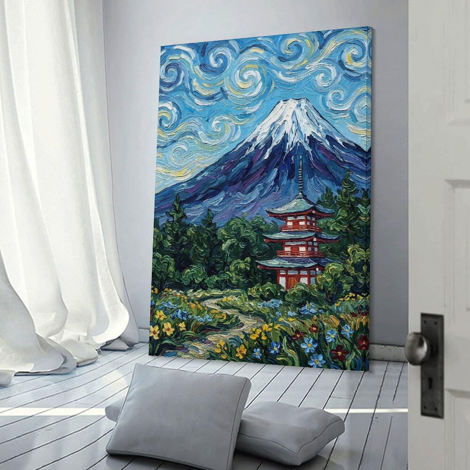 Junmoney Mount Fuji And Pagoda Painting Decorative Wall Artwork 24x36inch(60x90cm), for Home Lounge, Bedroom Or Reading Nook, Easy Decor for Gallery Walls
