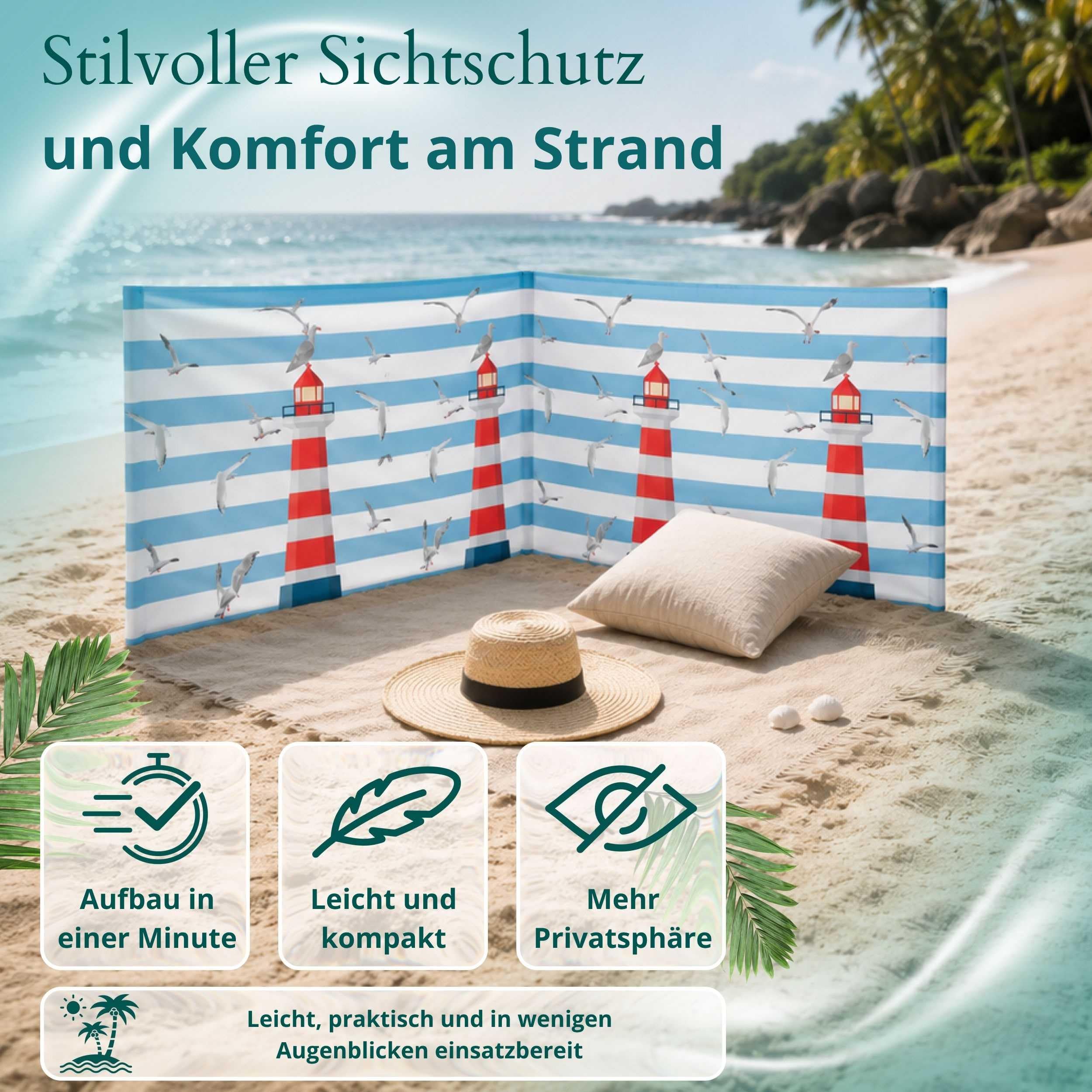 Strandparavent Mikrofaser | Windschutz 80cm | Leuchtturm 8m | Robuste Holzstäbe | Vernäht | Hochwertig