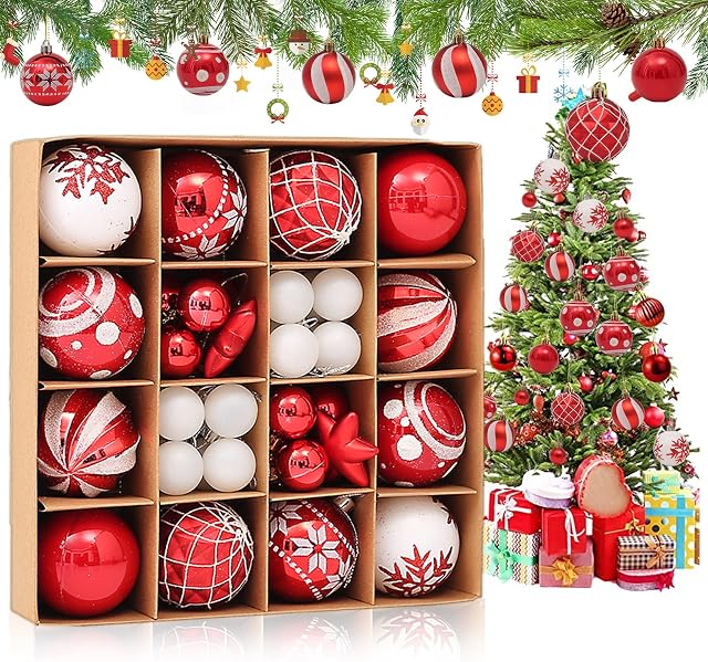 Pkila 42pcs Christmas Ball Decorations with Strings, Red Christmas Tree Decorations Set, Red and White Christmas Baubles, Matte & Glitter Hanging Ornaments Balls for Xmas Tree, Wreath, Garland