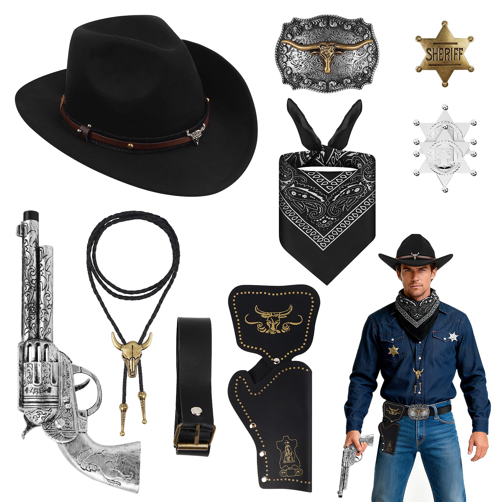 Conjunto Completo de Disfraz de Vaquero Para Hombre: Traje Occidental de 10 Piezas Para Adultos Y Jóvenes , etc. - Accesorios Completos de Vaquero Ara Fiestas Temáticas, Carnaval, San Valentín(Negro)
