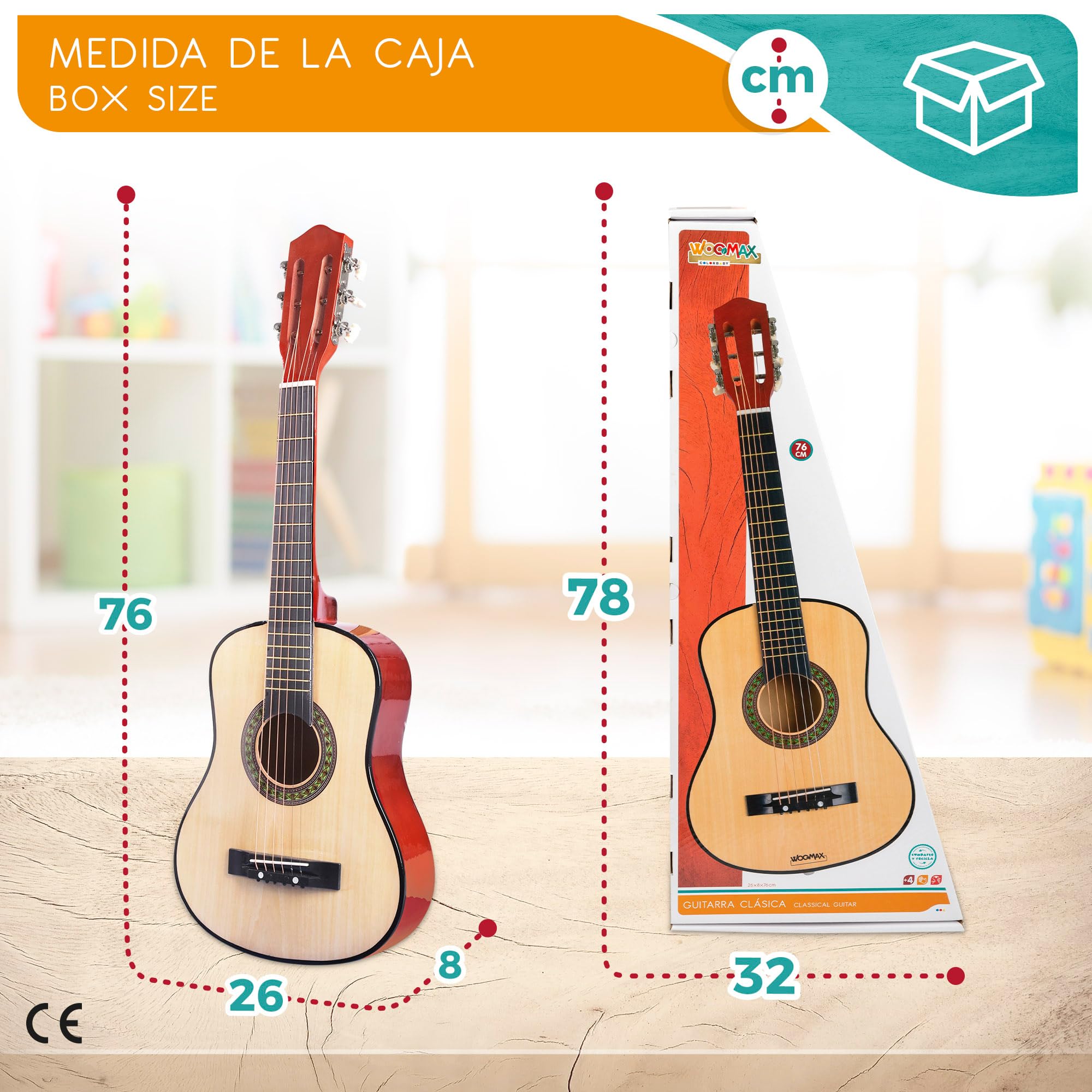 WOOMAX - Guitarra española de madera de juguete, para niños + 4 años, juguetes musicales (49367)