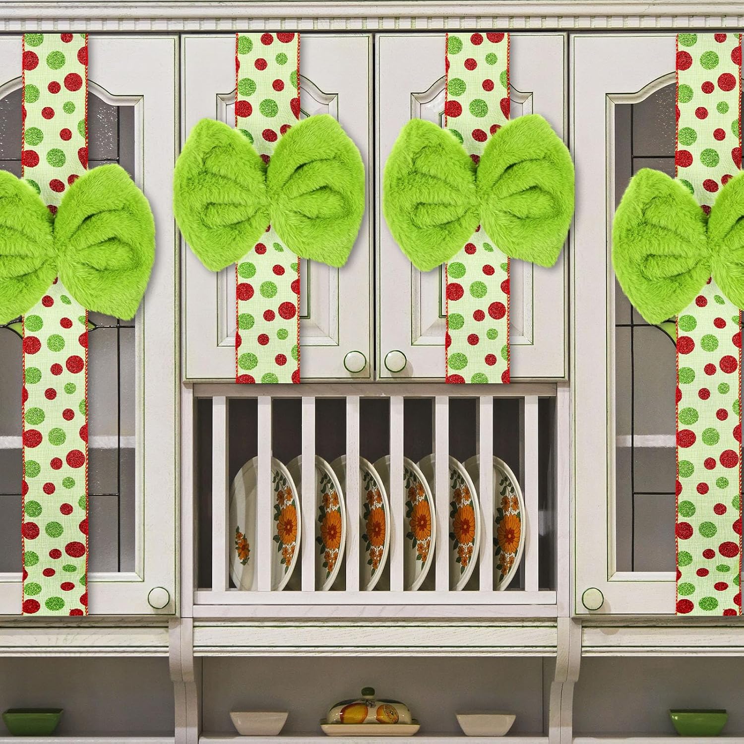 Canlierr 8 Set Christmas Cabinet Bows Green Furry Christmas Cabinet Ribbons Hanging Decoration Fur Xmas Door Bows for Home Kitchen Xmas Holiday Party Supplies