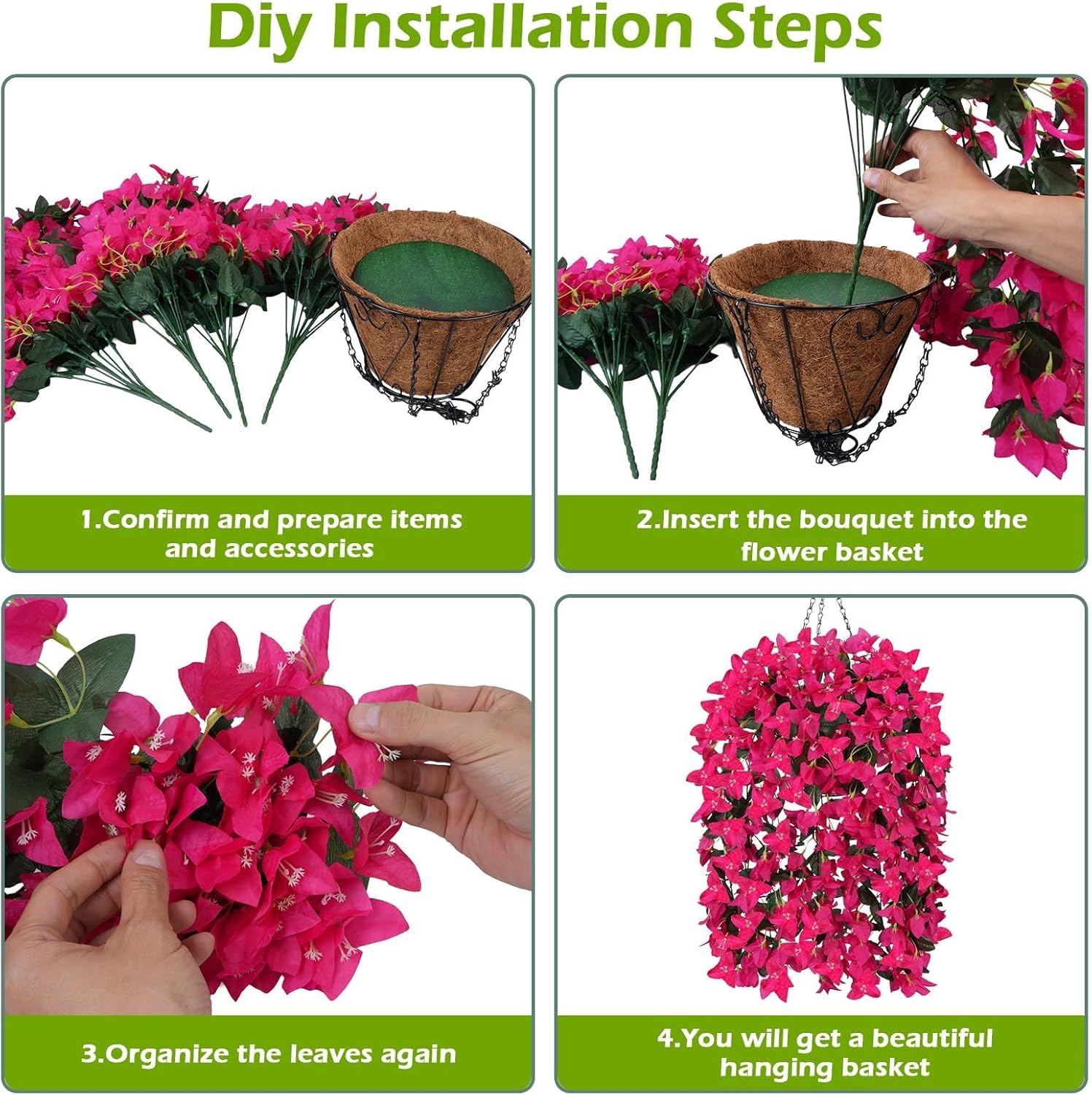 Zythrem Bougainvillea Artificial Hanging Flowers with Baskets for Outdoors Outside Decoration Pink 2 Set Silk UV Resistant Faux Hanging Flowers Plants for Porch Patio Garden Yard Home, Hotpink