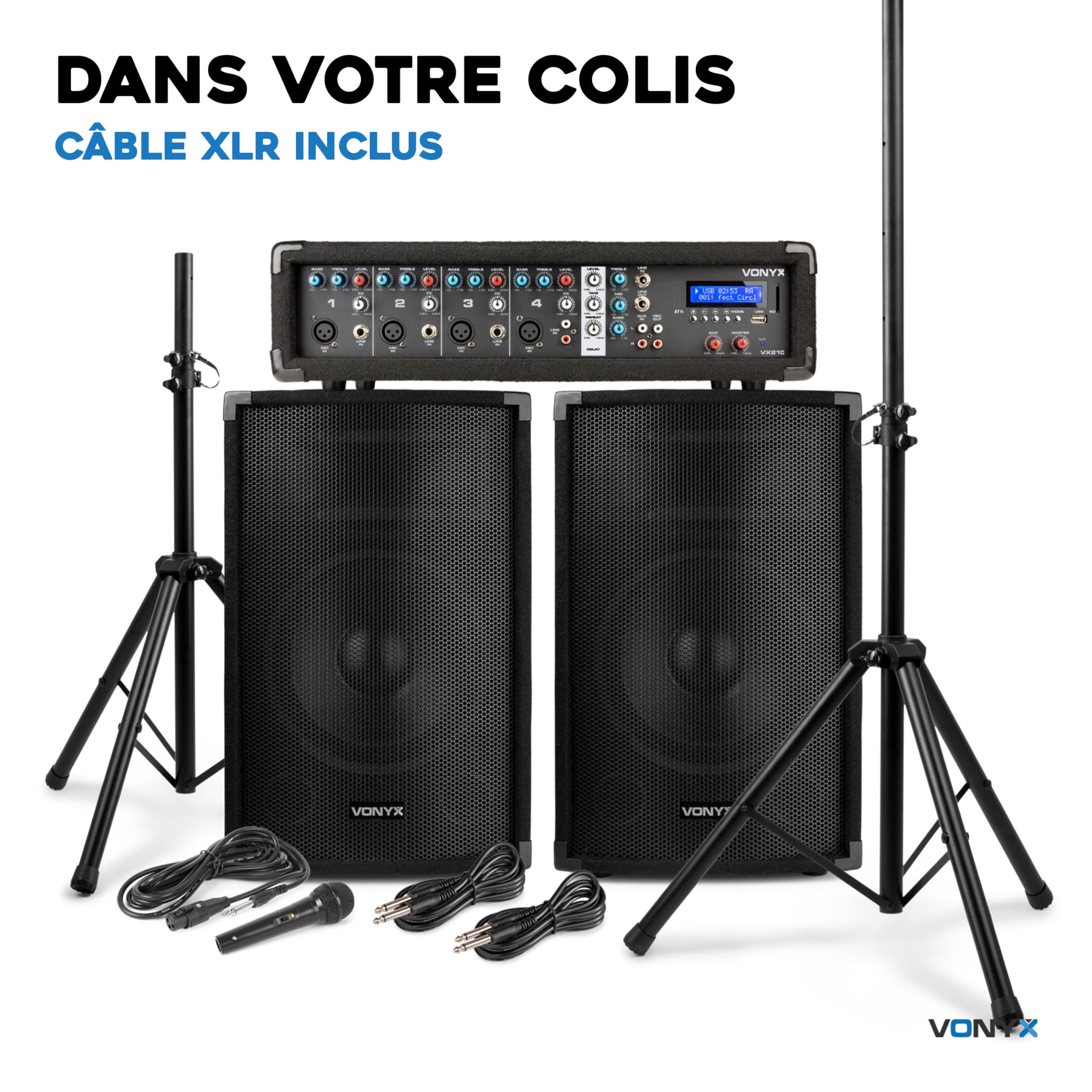 VONYX VX210 Système de Sonorisation Complet Bluetooth - 800 Watts, avec Trépieds Réglables, Table de Mixage Amplifiée, 2 Enceintes, Câbles, Microphone, Idéal pour Animer Vos Soirées