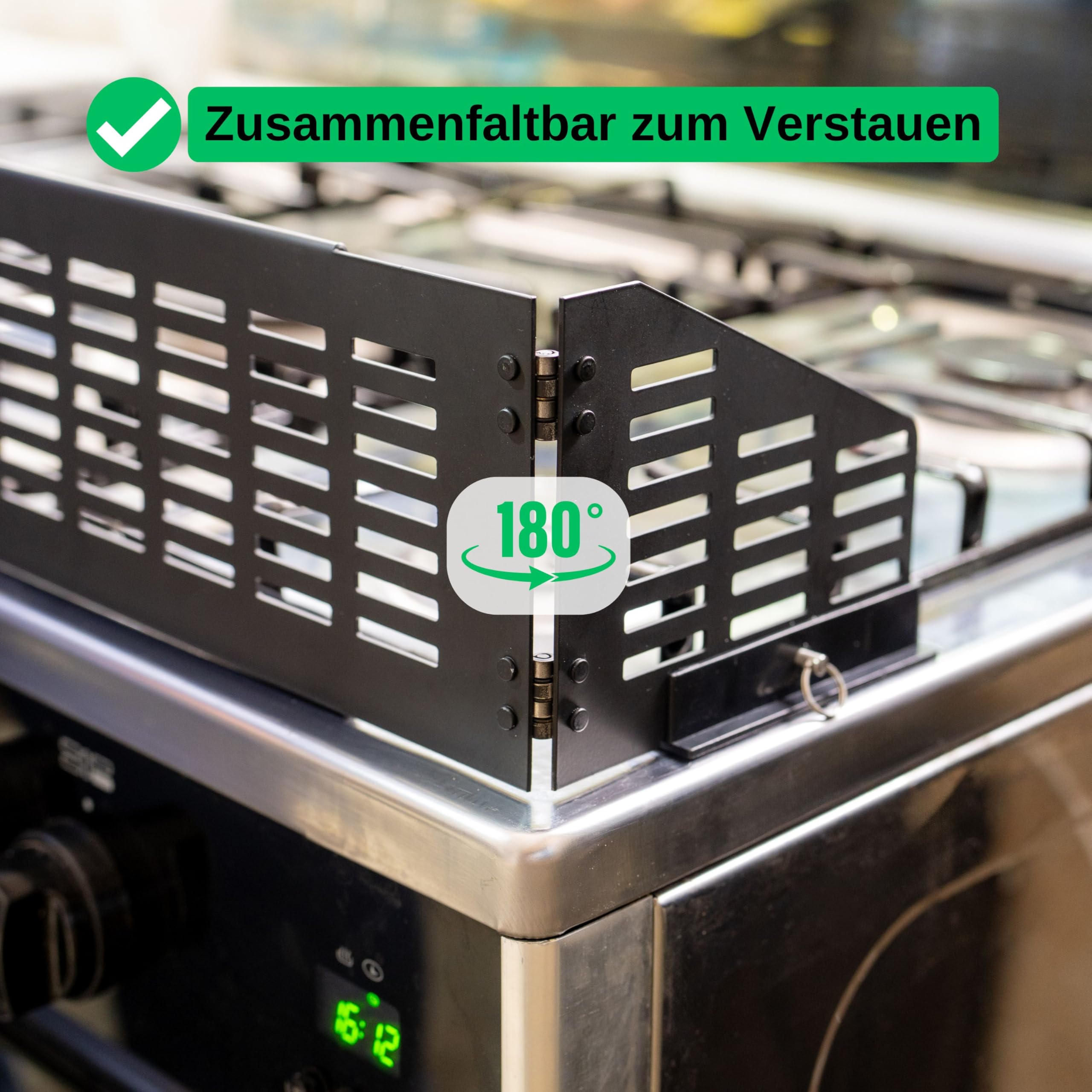 Herdschutzgitter Kindersicherung, 45 bis 70 cm ausziehbar, Schwarz, Set mit Backofentür Babysicherung, Herdschutz Gitter mit Scharnier-Seitenflügeln, zusammenfaltbar und verstaubar, Kochfeld Abdeckung