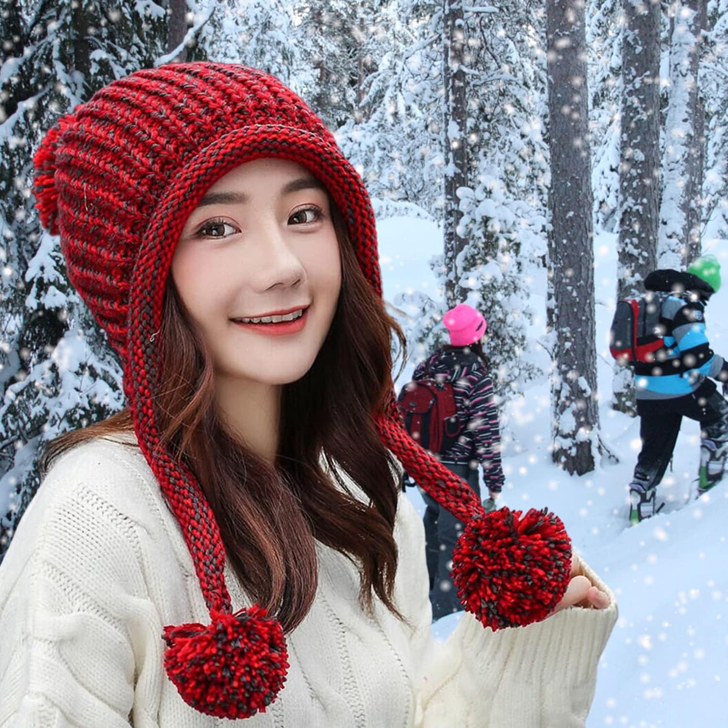 Women Winter Peruvian Cover Ears Beanie Hat Ear Flaps Sherpa Ski Snow Hats Knit Fleece Lined 3 Pom Pom - Image 7