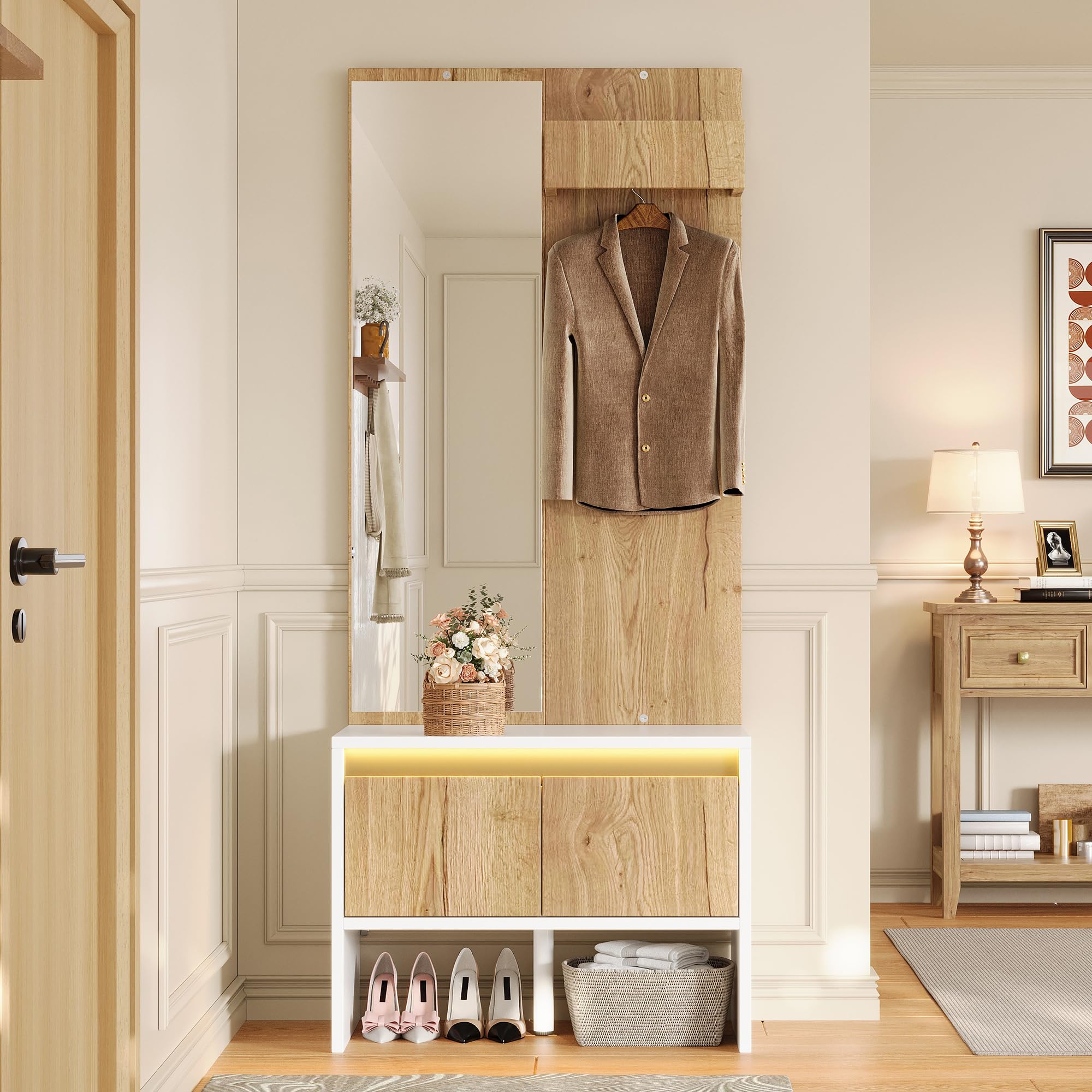 Zestaw garderobiany z wieszakiem na ubrania, lustrem, szafką na buty i 2 szufladami – w kolorze białym i naturalnym, 60 x 38 x 145 cm