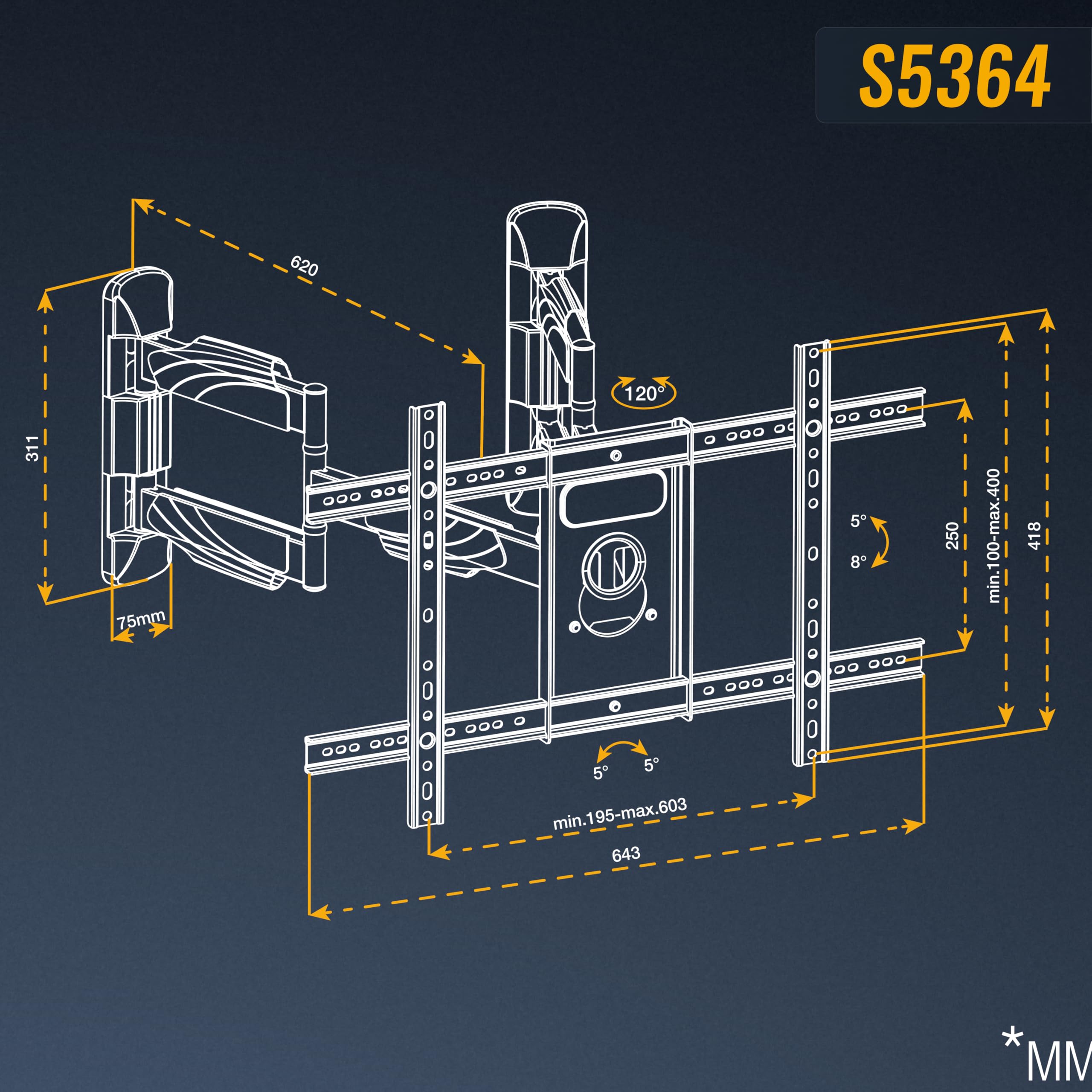 RICOO S5364 Supporto TV da parete Staffa TV 40-75 pollici per 40 43 50 55 60 65 75 pollici girevole inclinabile fino a 60 kg max VESA 600x400