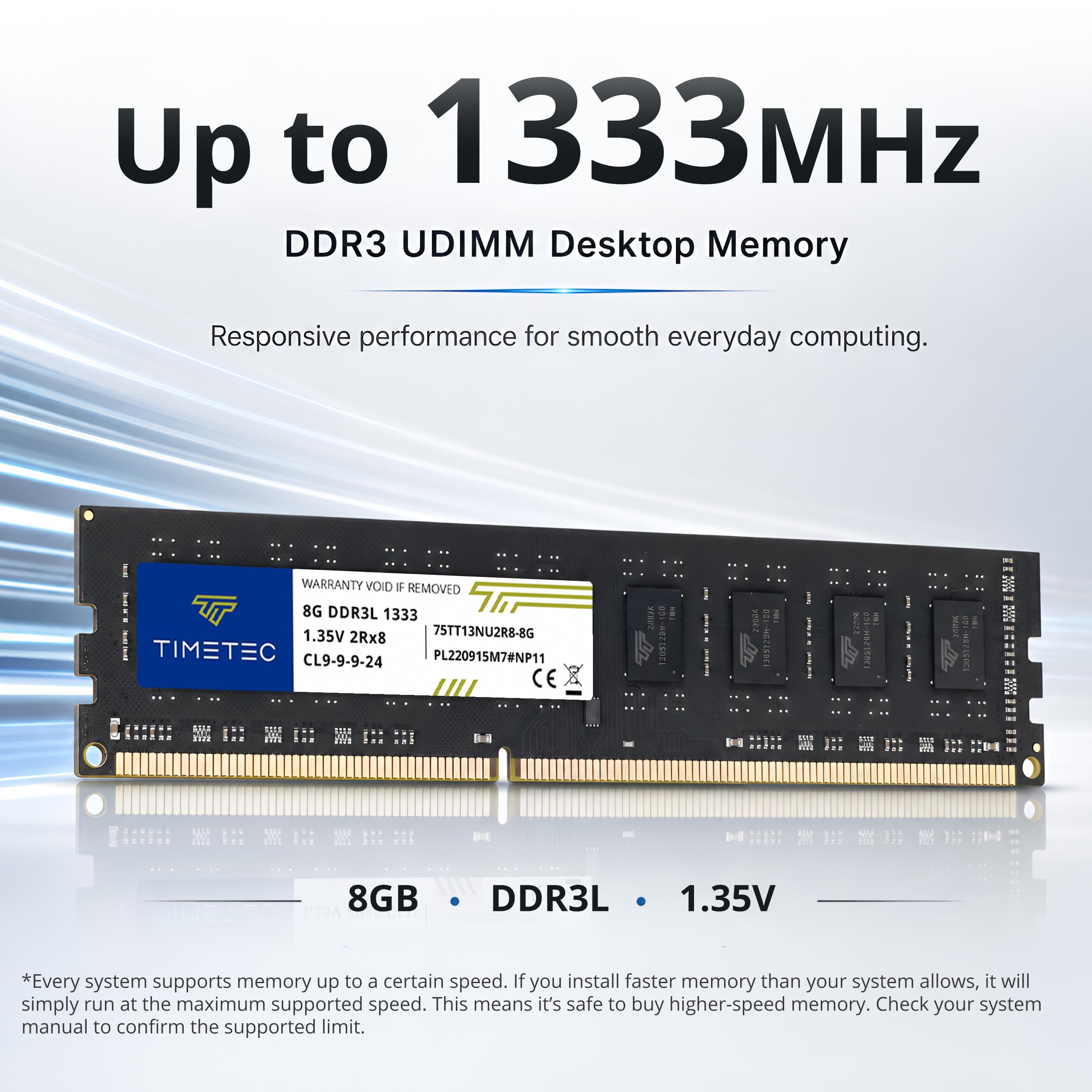 Timetec Zestaw 80 GB (10 x 8 GB) DDR3 / DDR3L 1333 MHz PC3-10600 bez ECC niebuforowany 1,5 V / 1,35 V CL9 2Rx8 Dual Rank 240-pinowy UDIMM PC komputer stacjonarny pamięć RAM moduł aktualizacja (zestaw