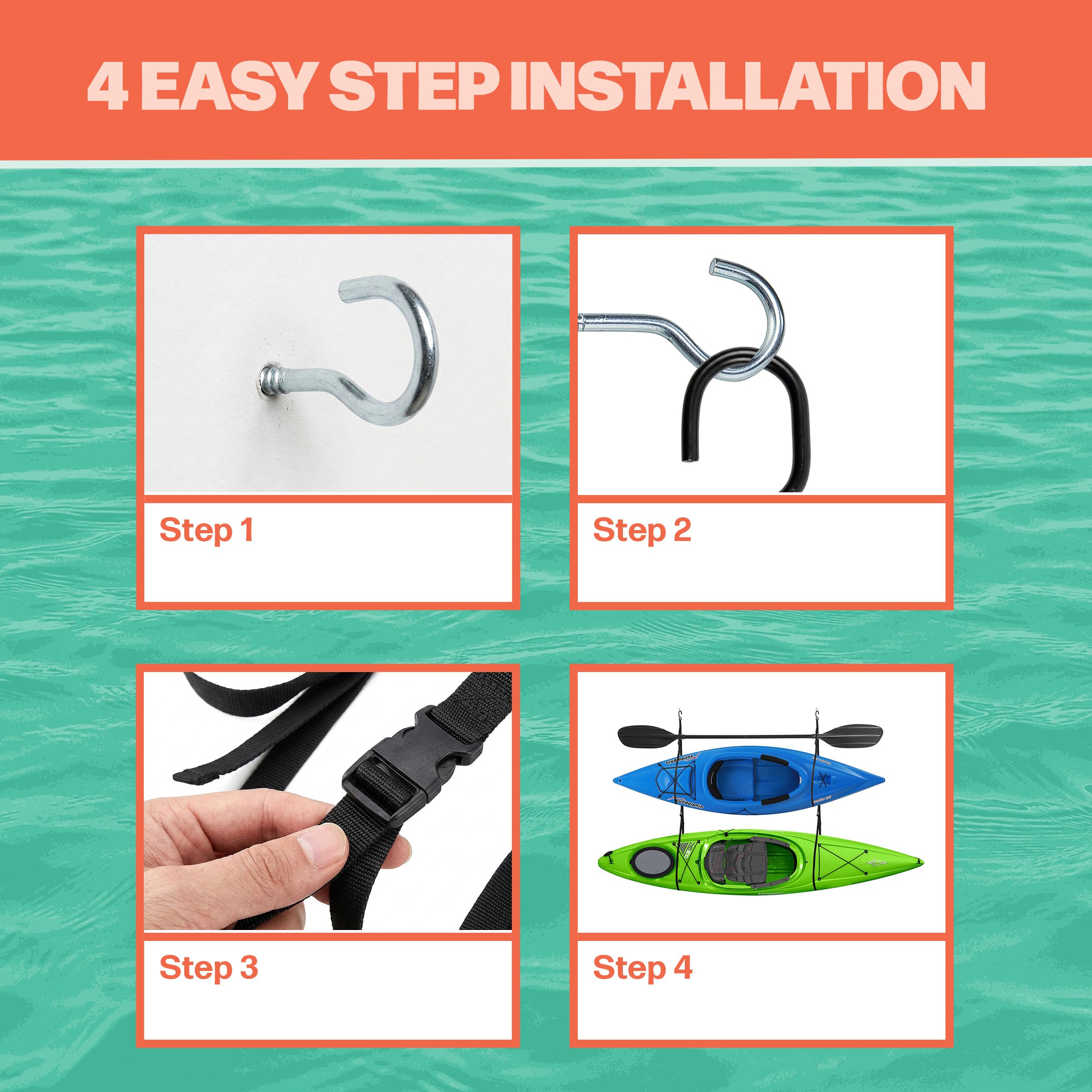 RAD Sportz Kayak Rack - Hanging Storage from Wall or Ceiling for Surfboards, Paddleboards, Sup, or Canoe - Adjustable Kayak Straps