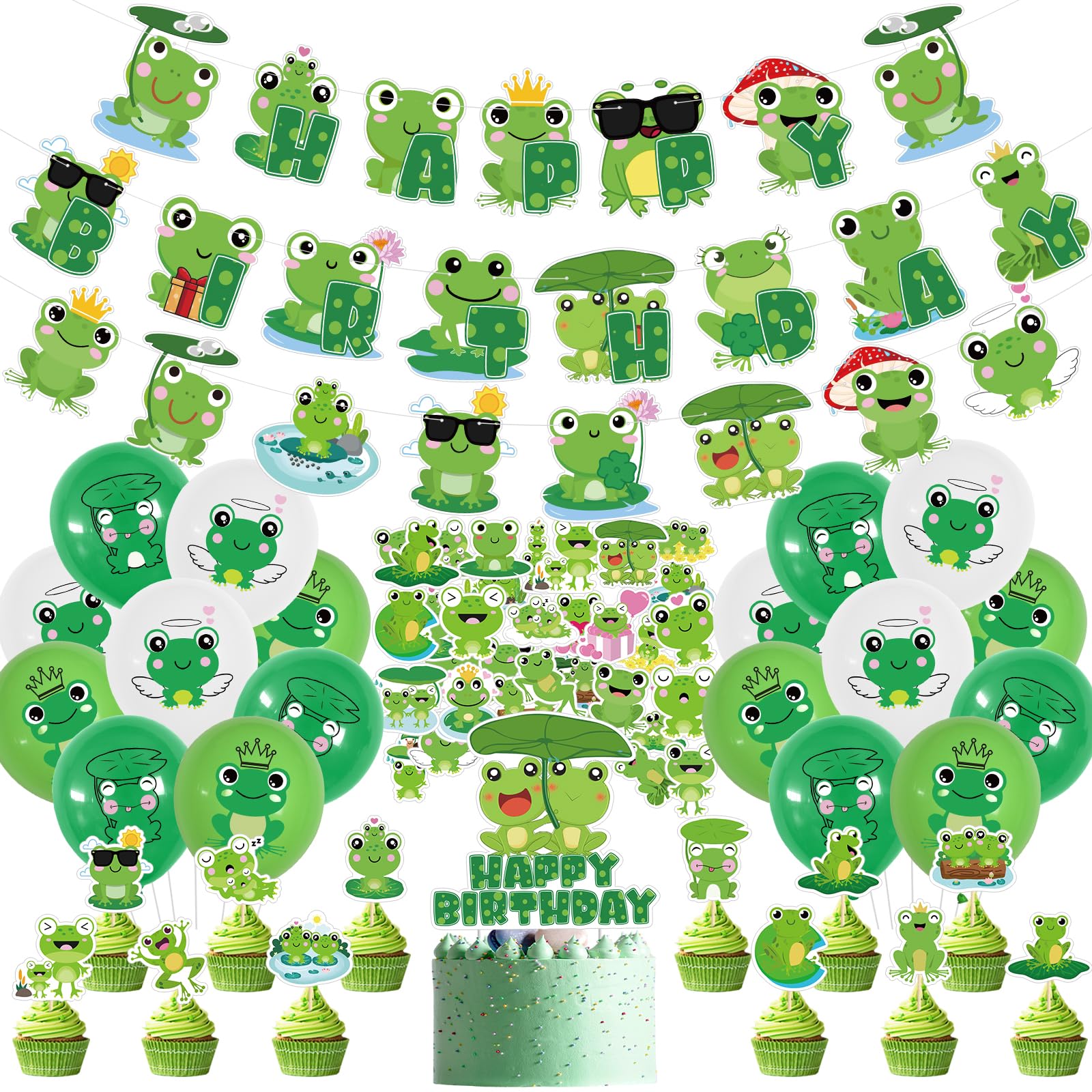 Frog Birthday Party Decorations - Cute Frog Banner, Happy Birthday Banner, Cake Toppers, Latex Balloons, Stickers for Baby Shower, Summer Party