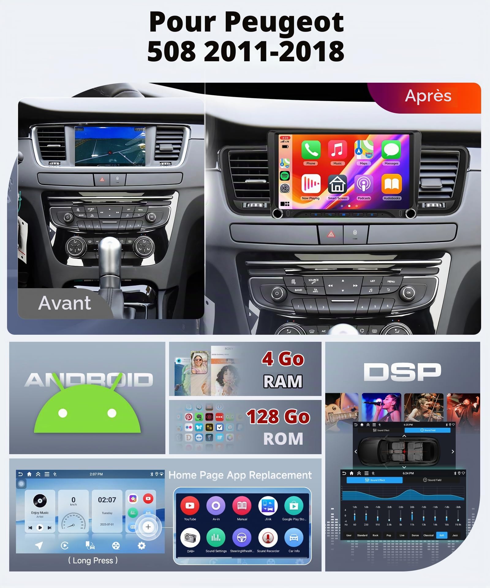 【4+128G】 Carplay Ecran pour Peugeot 508 2011-2018 avec USB Type-C, Autoradio 9 Pouce in-Cell Écran Tactile avec Android Auto/EQ/WiFi/GPS/RDS/FM/Bluetooth 5.0/SWC,Caméra de Recul