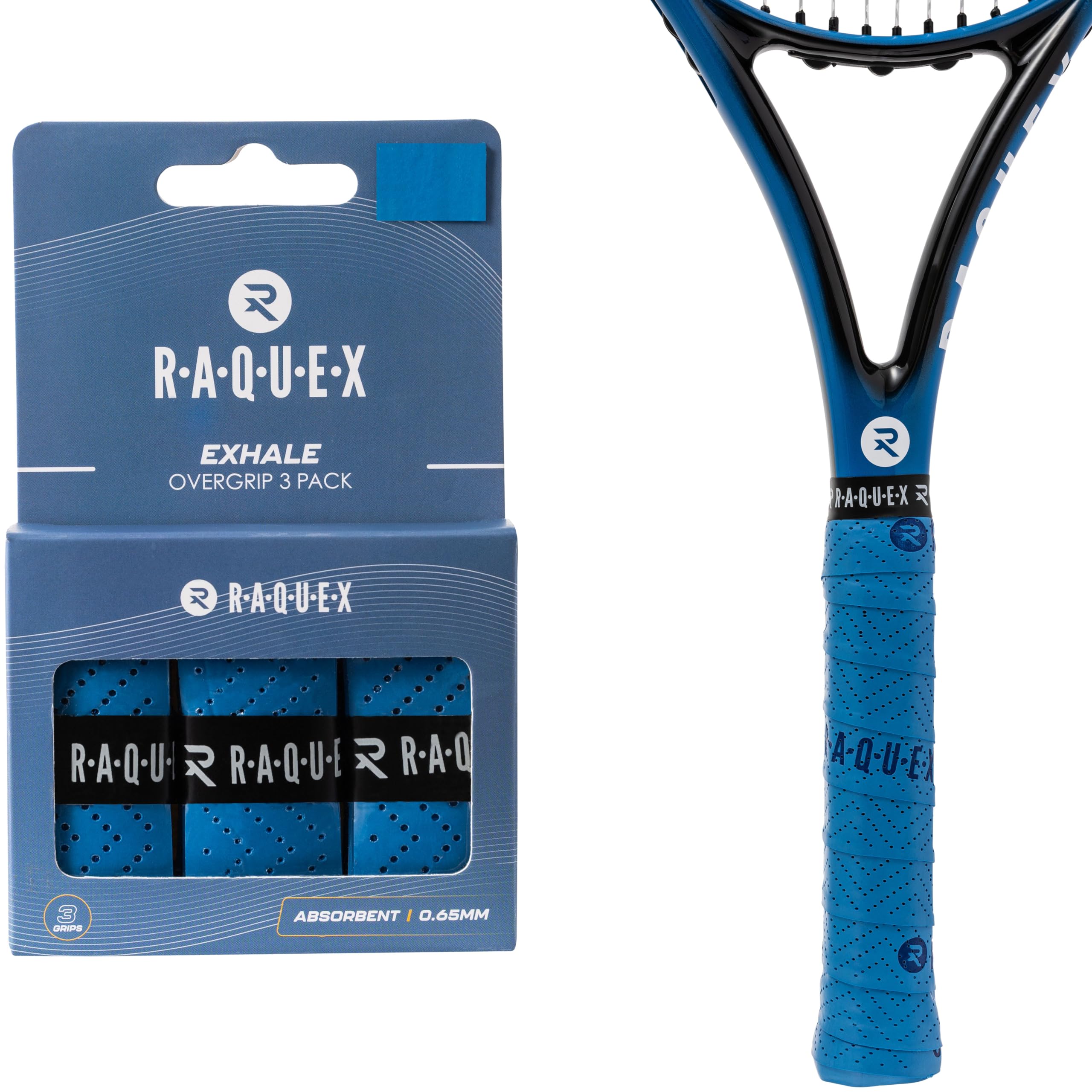 RaquexExhale Racket Overgrip Tape – Tennis, Badminton, Squash, Padel Over grip – 3 Pack, Perforated, Absorbent Racquet Overgrip - Anti Slip Over Grip Tape