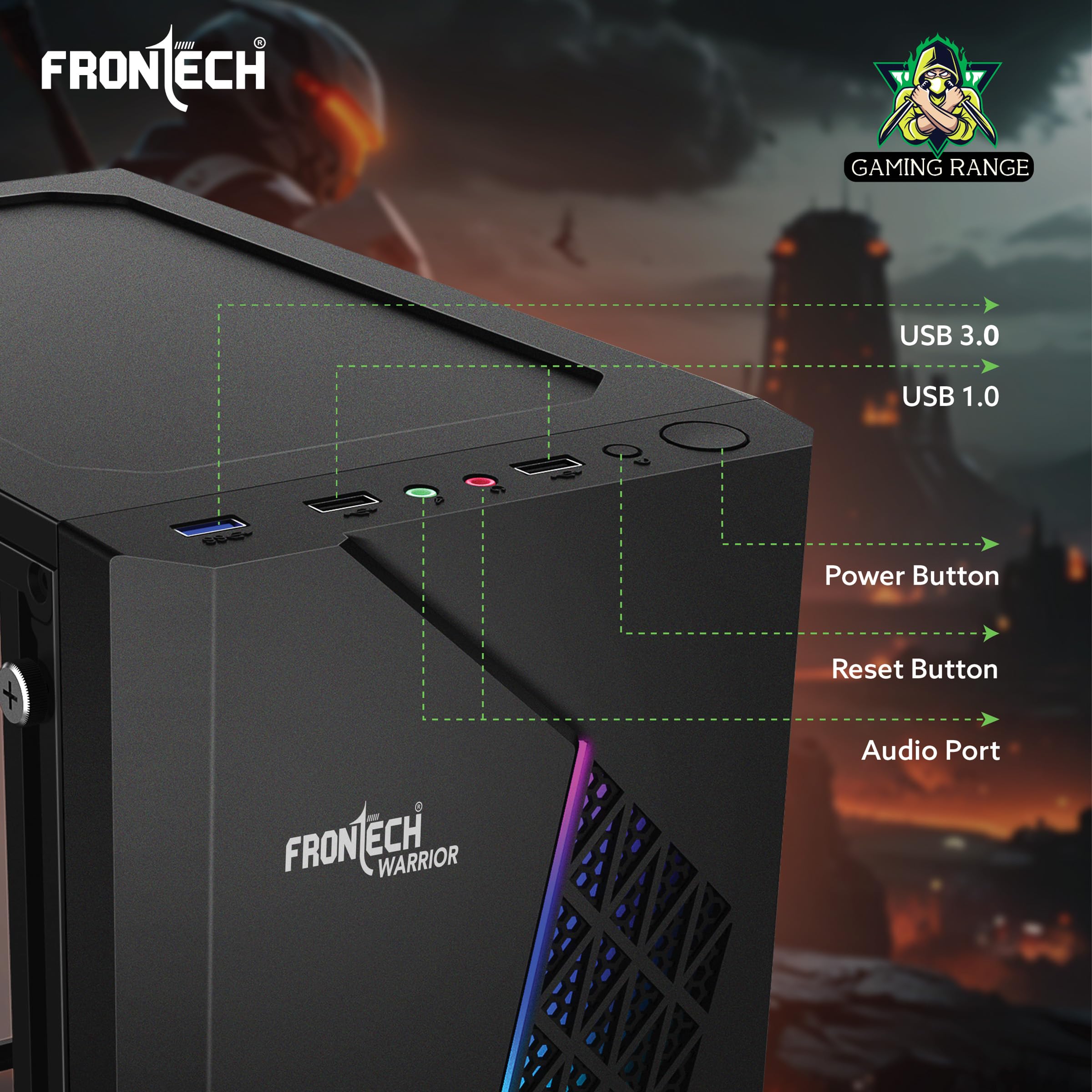 FRONTECH Gaming Computer Cabinet/Gaming Computer Case Warrior with 1 x 80 mm LED Fan and Acrylic Side Glass Panel, 2XUSB 1.0, 1XUSB 3.0, Front Audio (FT-4345) — Amazon image 3